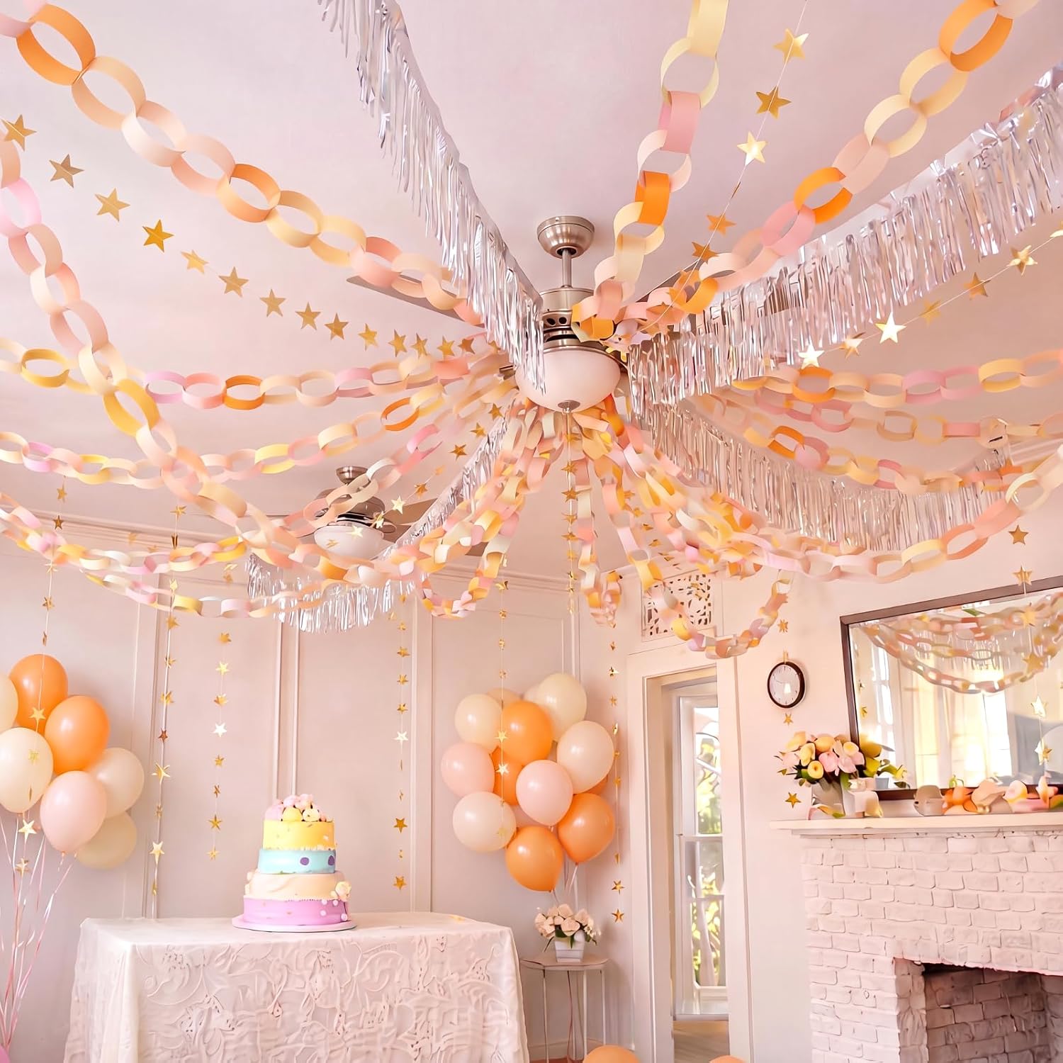 Qeeenar Fancy Party Decor Set 308 Sheets Colorful Paper Chains Strips, Silver Metallic Foil Fringe Garlands Gold Star Garlands Backdrop for Party Decor DIY Crafts(Pastel 1,1 * 8inch,Pack 1)