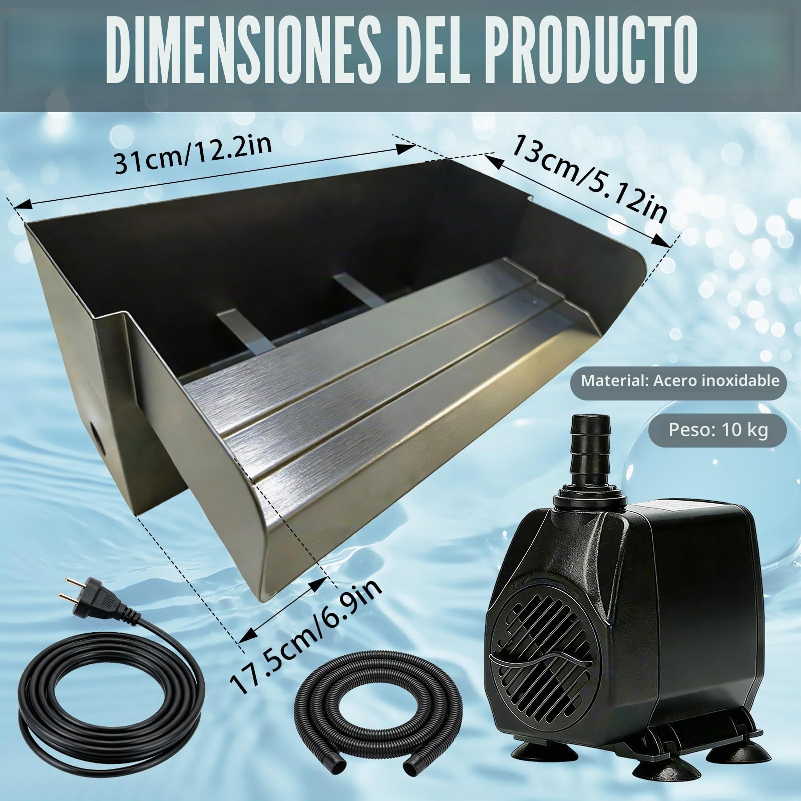 Conjunto De Cascada para Estanque JardíN, Fuente De Cascada De Acero Inoxidable De 30cm 45w 3000 L/H Elemento Decorativo para Estanque De JardíN Patio Terraza Y Espacio Exterior
