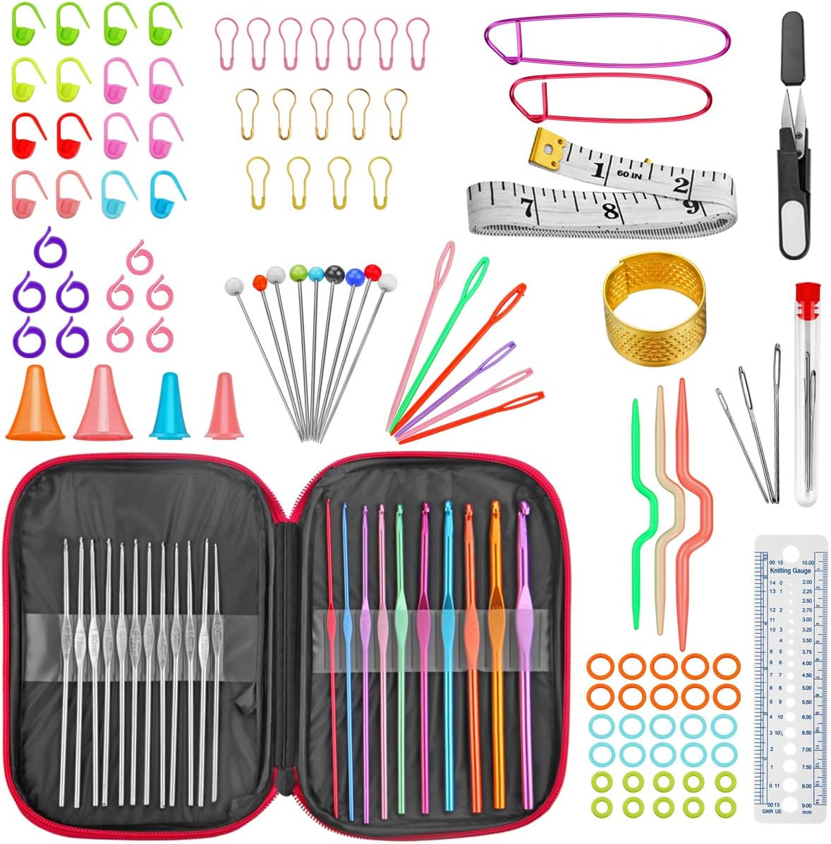 URWOOW 100 Pcs Crochet Hook Set with Yarn Knitting Needles Sewing Tools Full Set Knit Gauge Scissors Stitch Holders Household Tool Kit