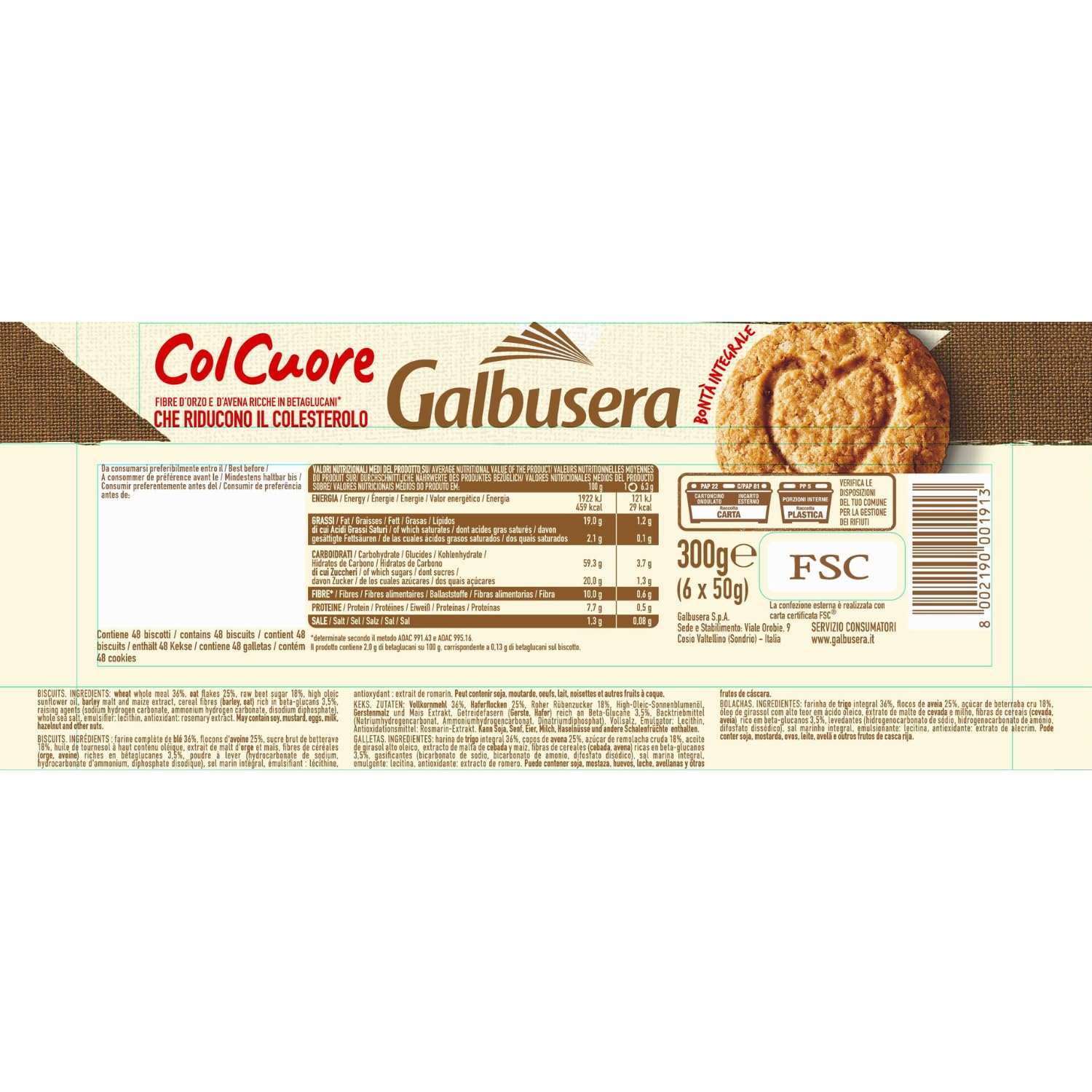 Galbusera Col Cuore, Galletas de Mantequilla 100% Integrales, Ricas en Fibra, 9x300 g