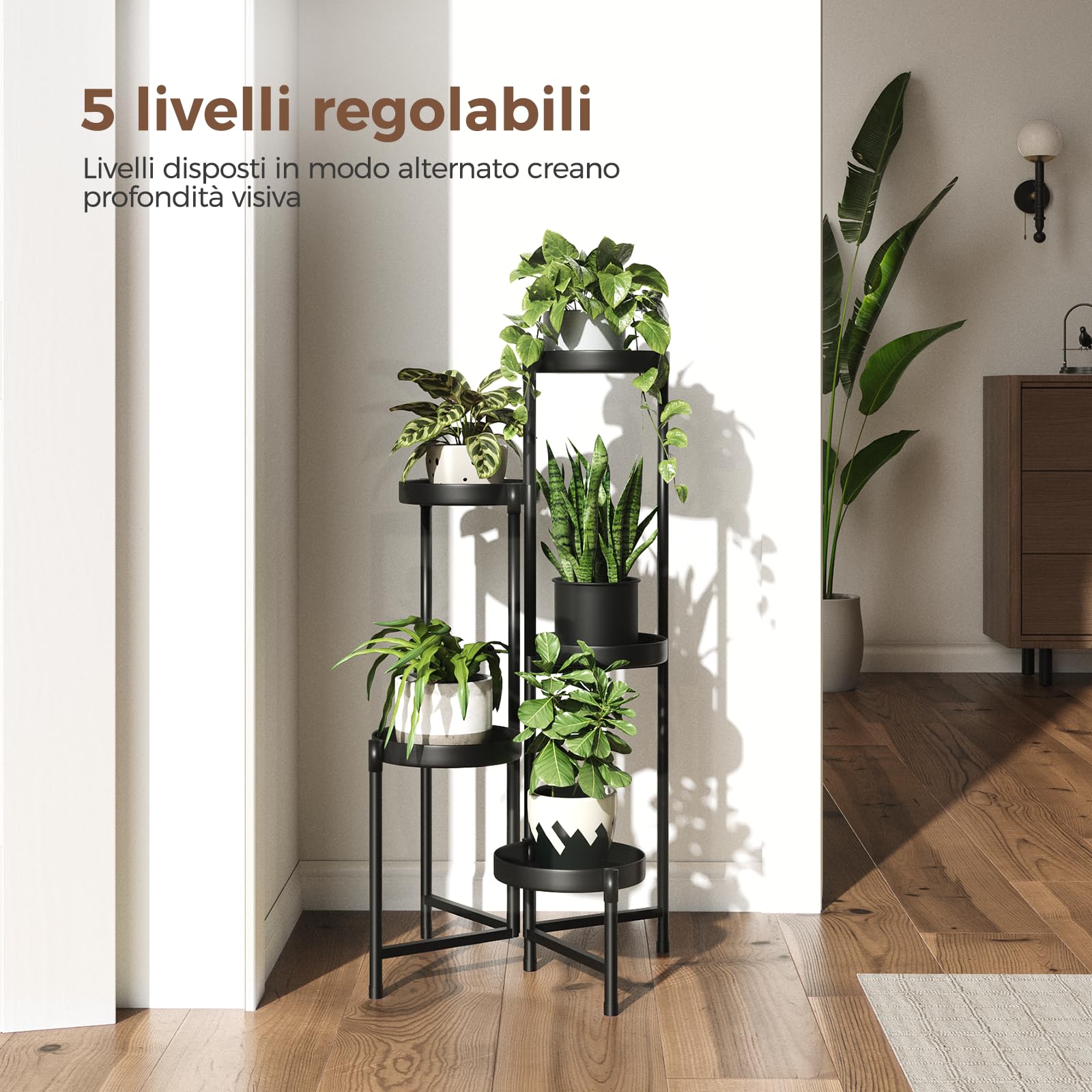 Bamworld Porta piante da interno in metallo a 5 livelli, supporto stabile per piante da interno ed esterno, design moderno per soggiorno, balcone e giardino