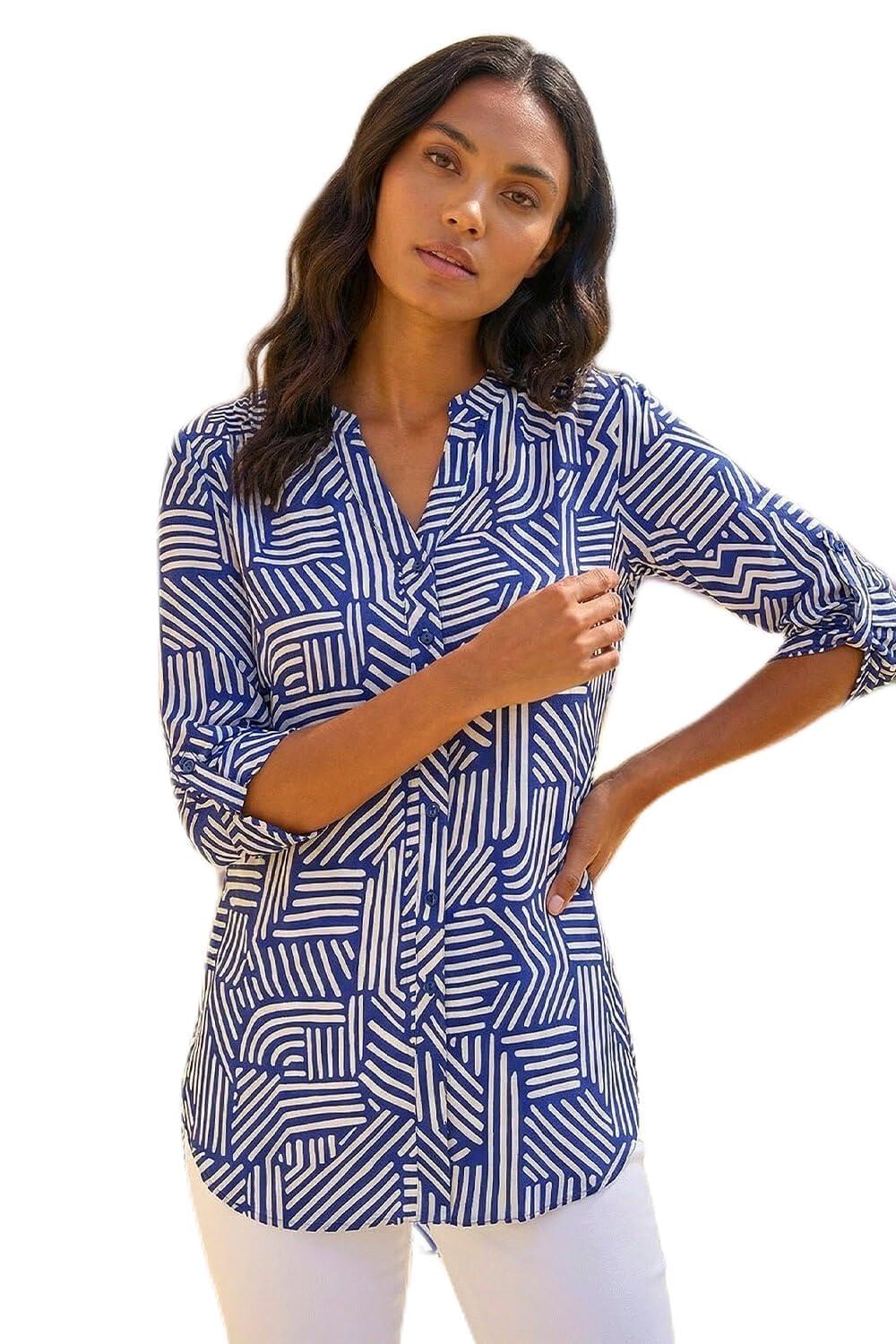 Roman Originals Women's Navy Geo Shirt Top For Uk Collarless Blouse Smart Tunic Button Through Longline Asymmetric Hem 3/4 Length Roll Up Sleeves V Neck Going Out - Size 20