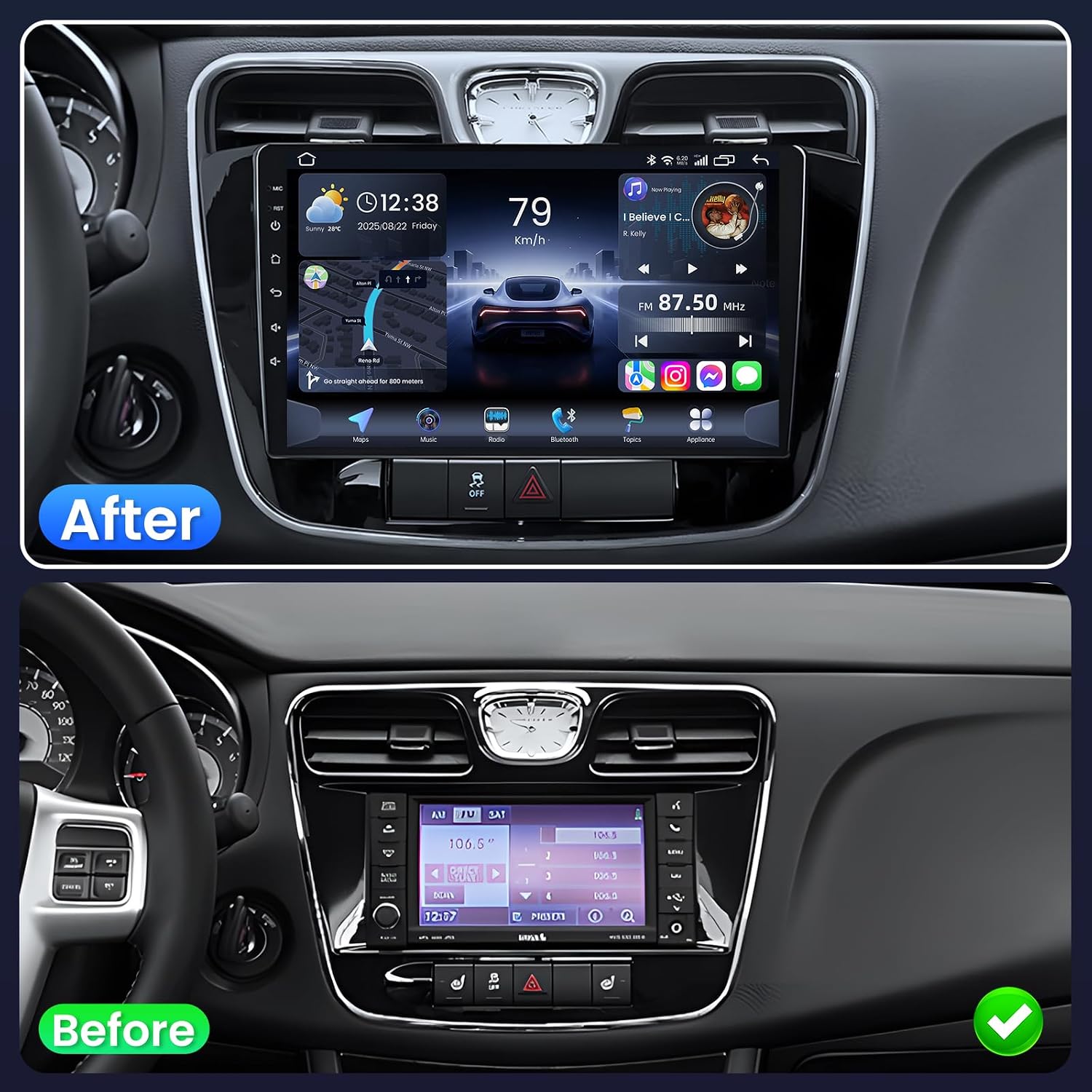 Car Radio Stereo for Chrysler 200C 2011-2014: Upgrade Android 13 1280 * 800 HD Touchscreen Head Unit Replacement with Wireless CarPlay/Android Auto/FM/GPS/Bluetooth/SWC/Back-up Camera