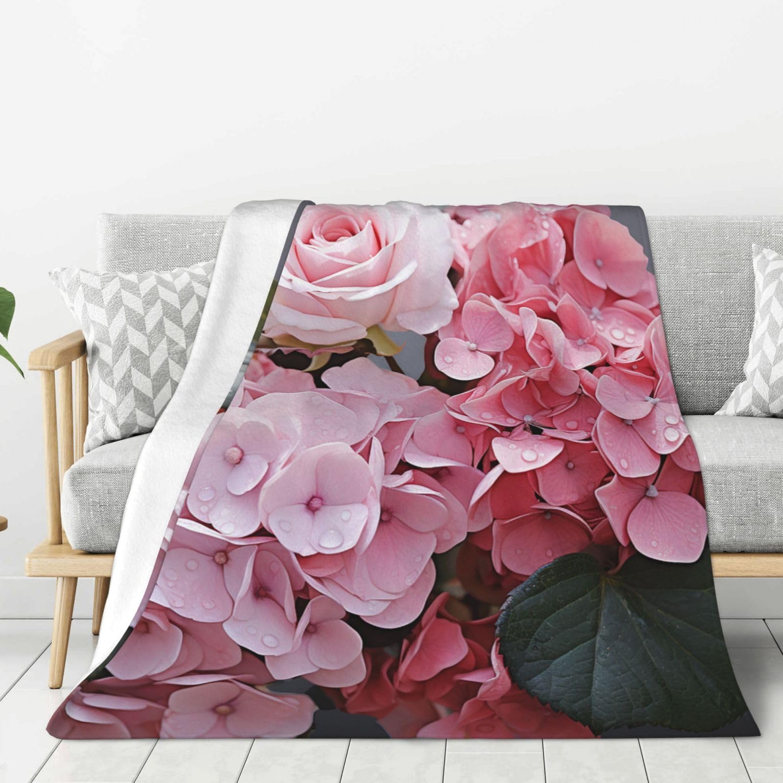 Couverture pour canapé en flanelle rose imprimée hortensia légère et confortable