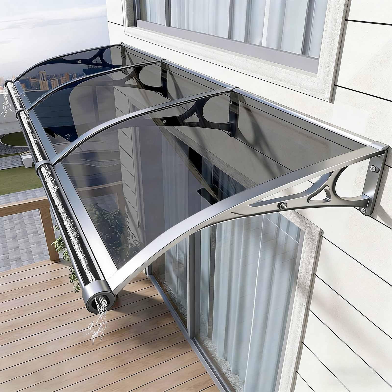Auvent extérieur en polycarbonate gris 80x160 cm avec support alu pour porte