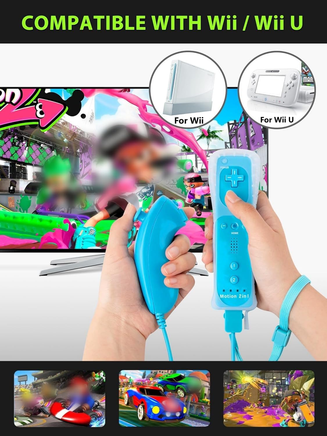 CLVIZCXOM 2 set telecomando Fit per Wii/Wii U con MotionPlus (rosso e blu) | 2 telecomandi + 2 nunchuk + 2 custodie + 2 cinghie, compatibile con console Nintendo