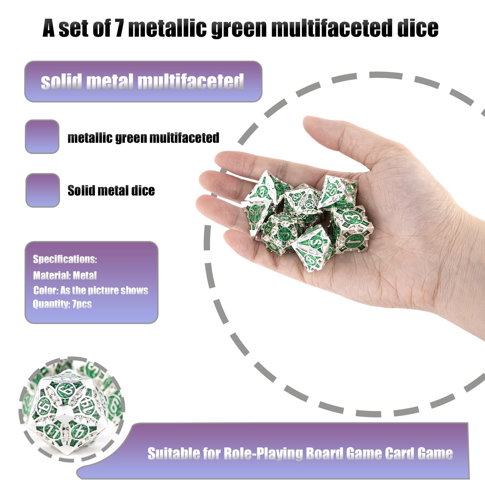 Un Ensemble de 7 Dés Métalliques Verts à Multiples Facettes, Compatibles avec Les Jeux de Rôle, Les Jeux de Société et Les Jeux de Cartes