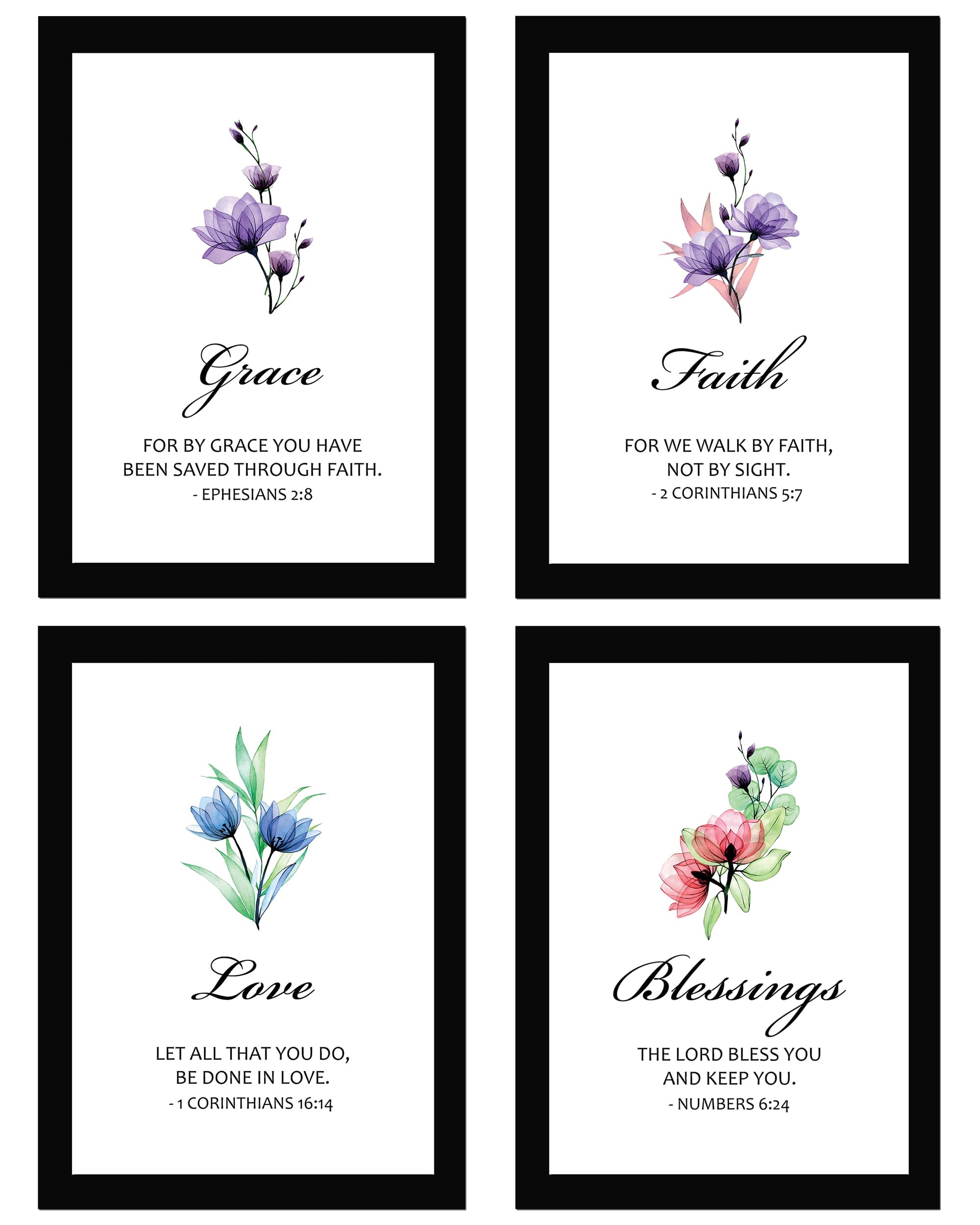 AR Creative Grace Faith Love Blessings Bible Verse Wall Art, Bible Quotes Print with Frame, Home, Office Decor, Bible Quotes Poster (13.6 inch x 10.2 inch), Set of 4