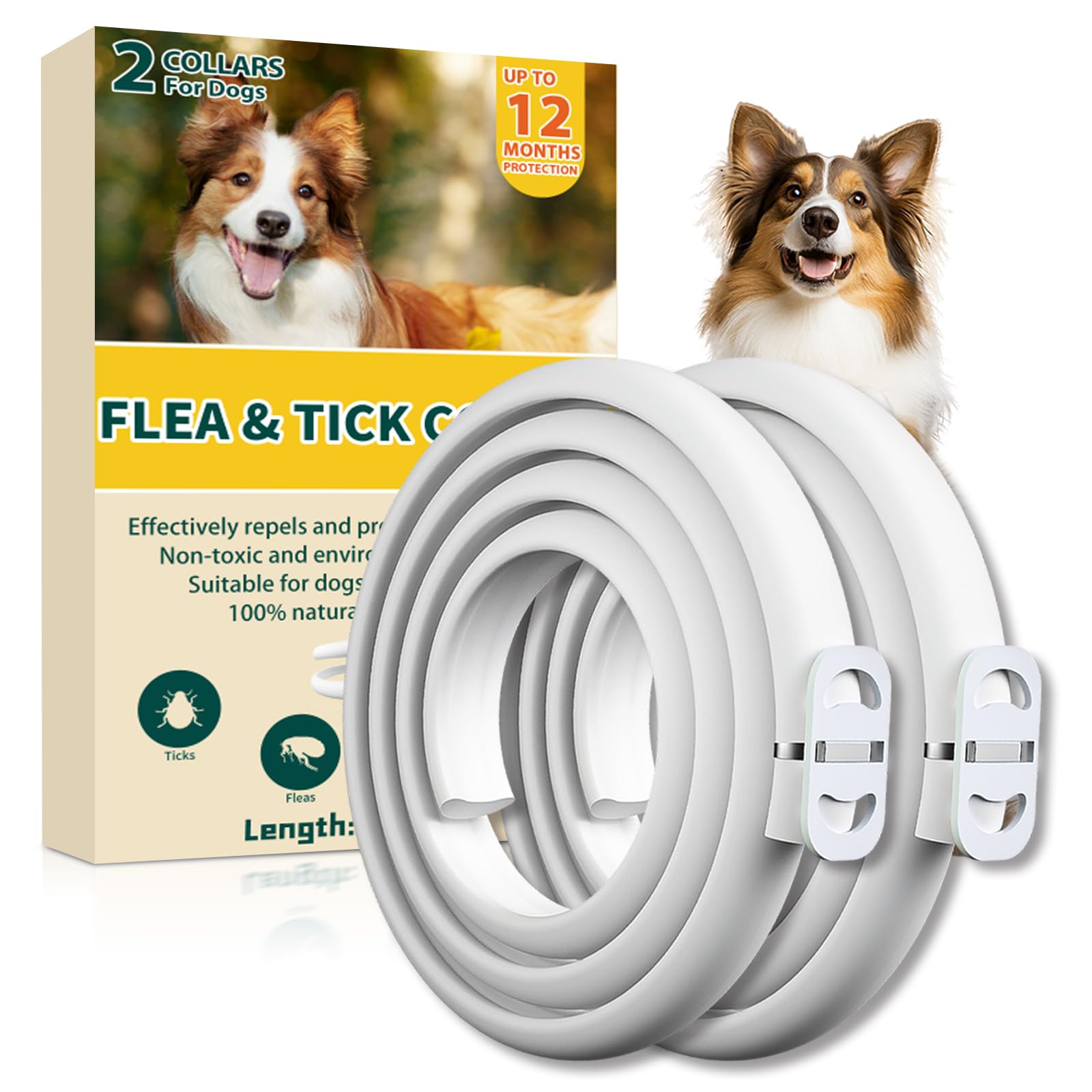 2pack Collier Anti Puces pour Chien, 12 Mois De Protection Efficace, Collier Anti Tique Chien 65cm, Réglable Et Étanche, Convient Aux Chiens De Toutes Tailles (65cm*2)