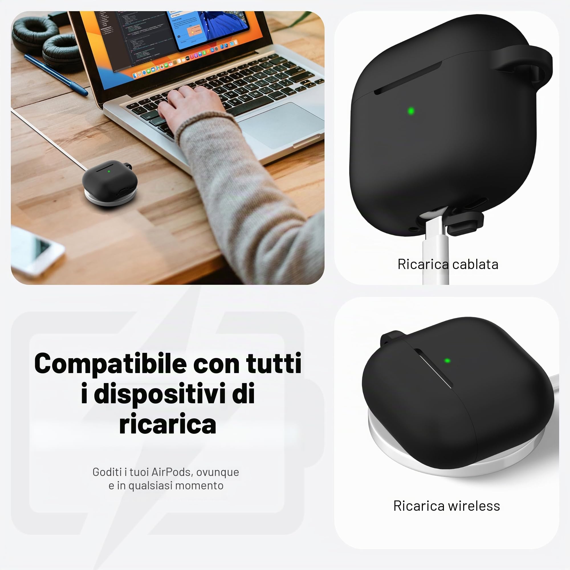 R-fun Custodia per Airpods 4, custodia morbida in silicone con portachiavi, copertura protettiva completa compatibile con Airpods 4th di Apple, Nero