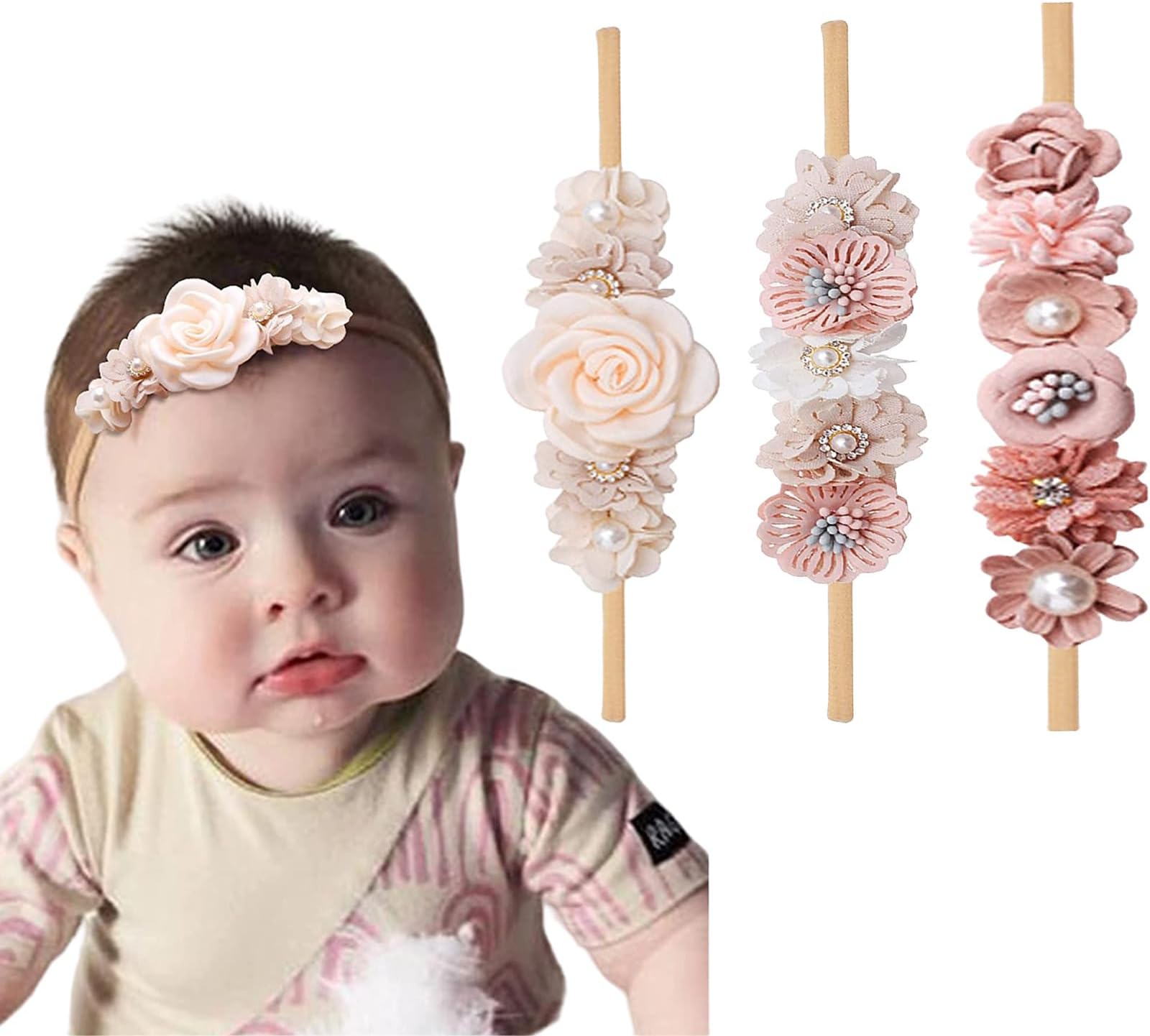Toddler Floral Crown Nylon Headband with Pearl Baby Girl Flower Elastic Hair Warp Infant Cute Hair Accessory Newborn Gift (Free Size fit for age 1 month - 6 years)