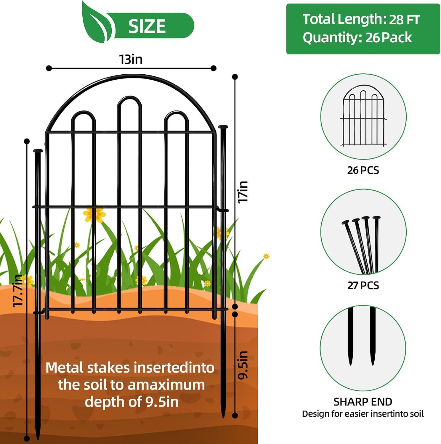 28ft in x 22in Decorative Garden Fence, 26 Pack Arched No Dig Animal Barrier Fence for Dog Rabbit, Garden Edging Border, Rustproof Metal Ground Stake Border for Outdoor Yard Patio Decor