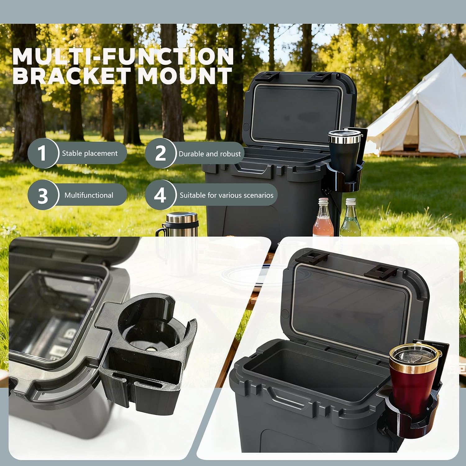 Multi-Function Bracket Mount for YETI Roadie 15 cup holder-Large-Capacity Water Bottle Holder,Non-Slip Phone Slot Universal Cup Holder,for yeti roadie15 accessories,Sturdy Bracket for Outdoor Camping.