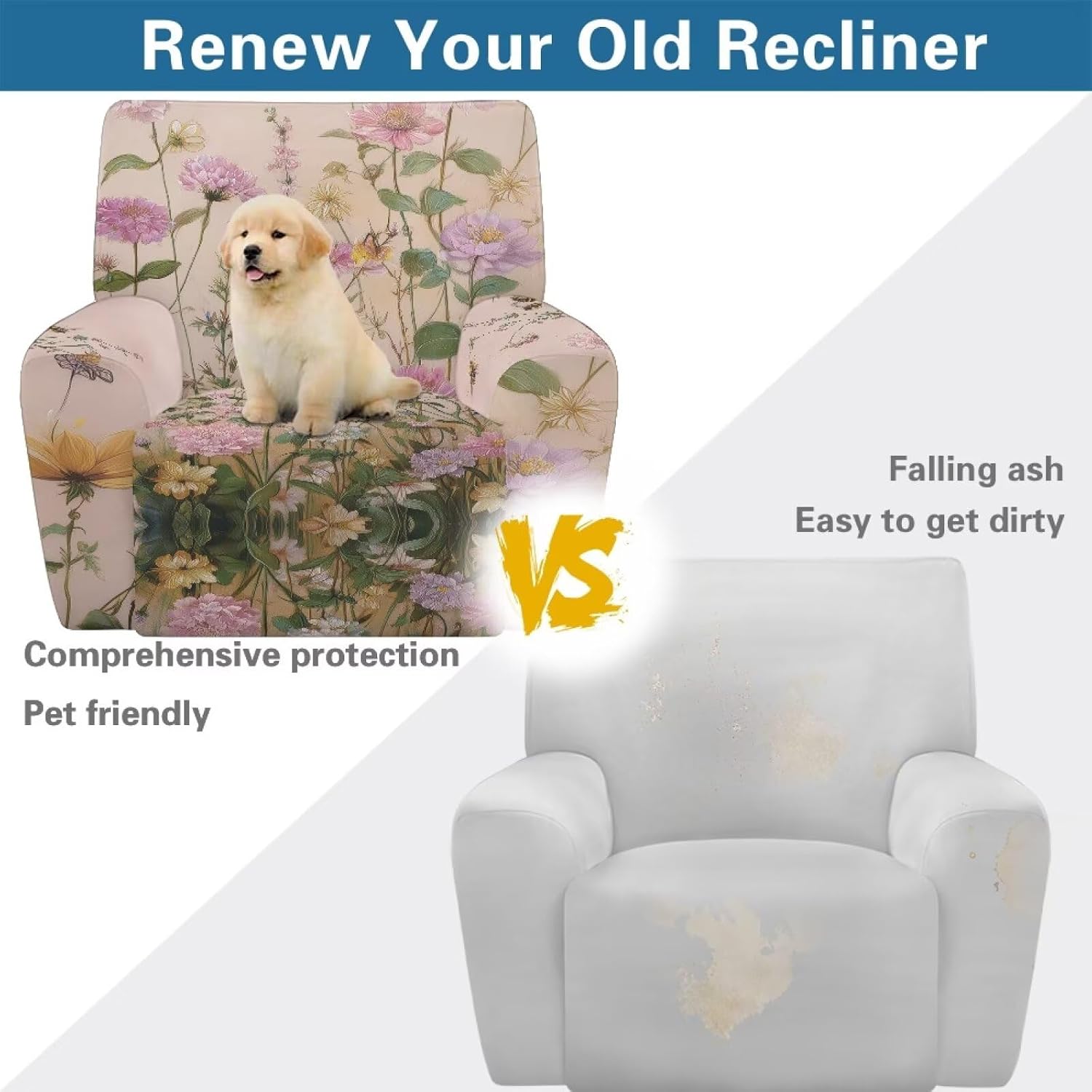 Small Recliner Chair Cover Floral Chair Covers Armchair 4 Pieces Sofa Cover for Dogs Washable for 1 Cushion for Pet-Friendly Households