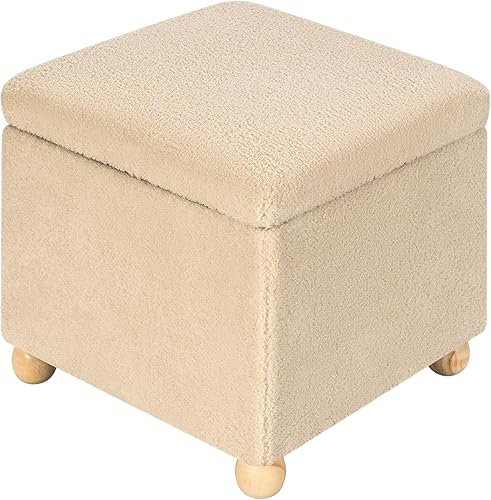 Miniatura 16 de Homebeez Taburete otomano de almacenamiento con reposapiés otomano con tapa con bisagras/patas de madera (flor 2) Flor-2,Beige,Con