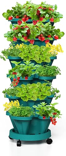 Miniatura 9 de Maceteros verticales de fresa, torre apilable de 6 niveles, macetas apilables para verduras y hierbas con ruedas móviles y platillo inferior para