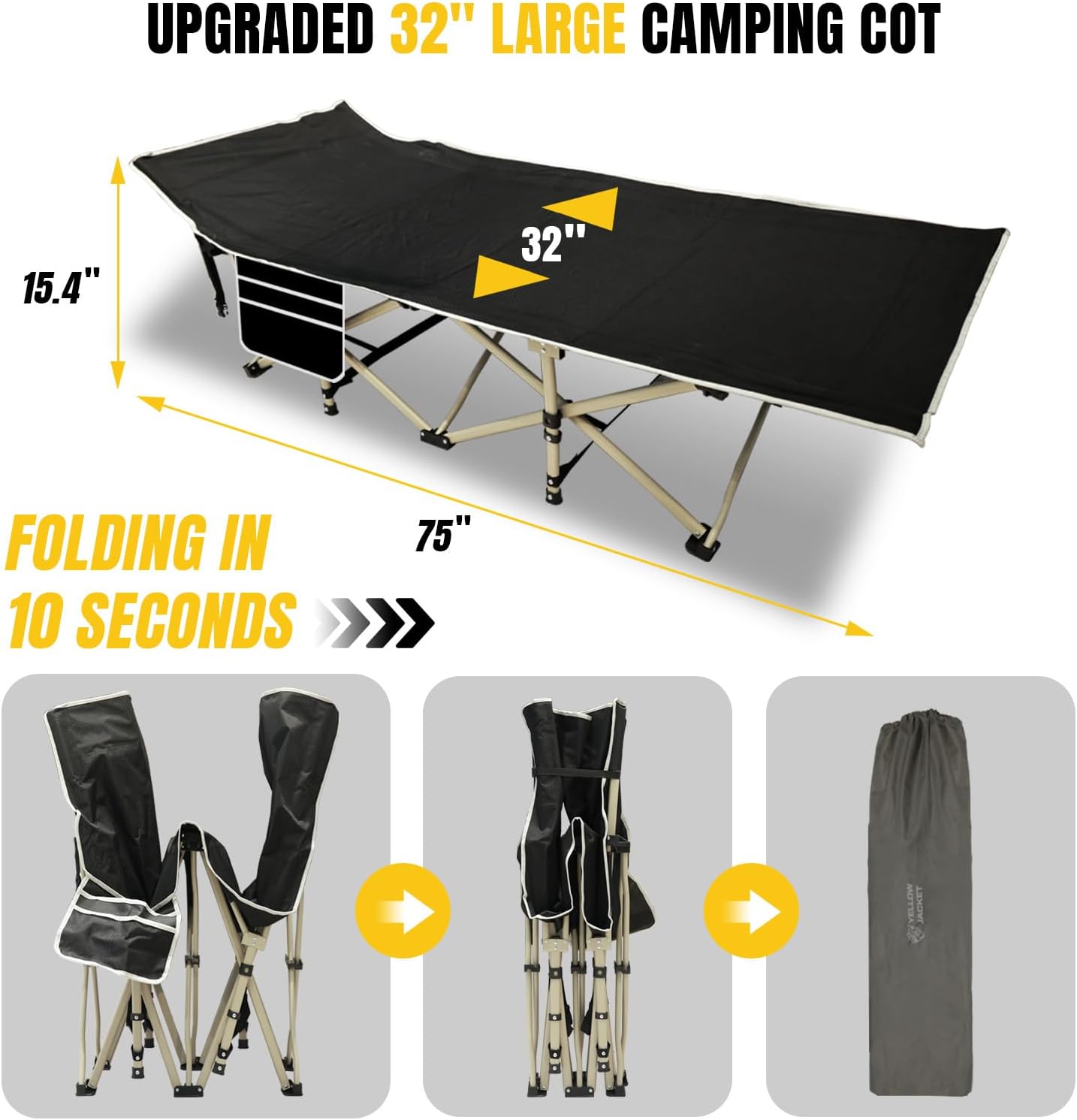 yellow jacket camping cot with mattress for adults, upgraded 32" wide folding sleeping cot, portable camping cot with carry bag, cot for camping 600lbs max load, home,office,travel (black)