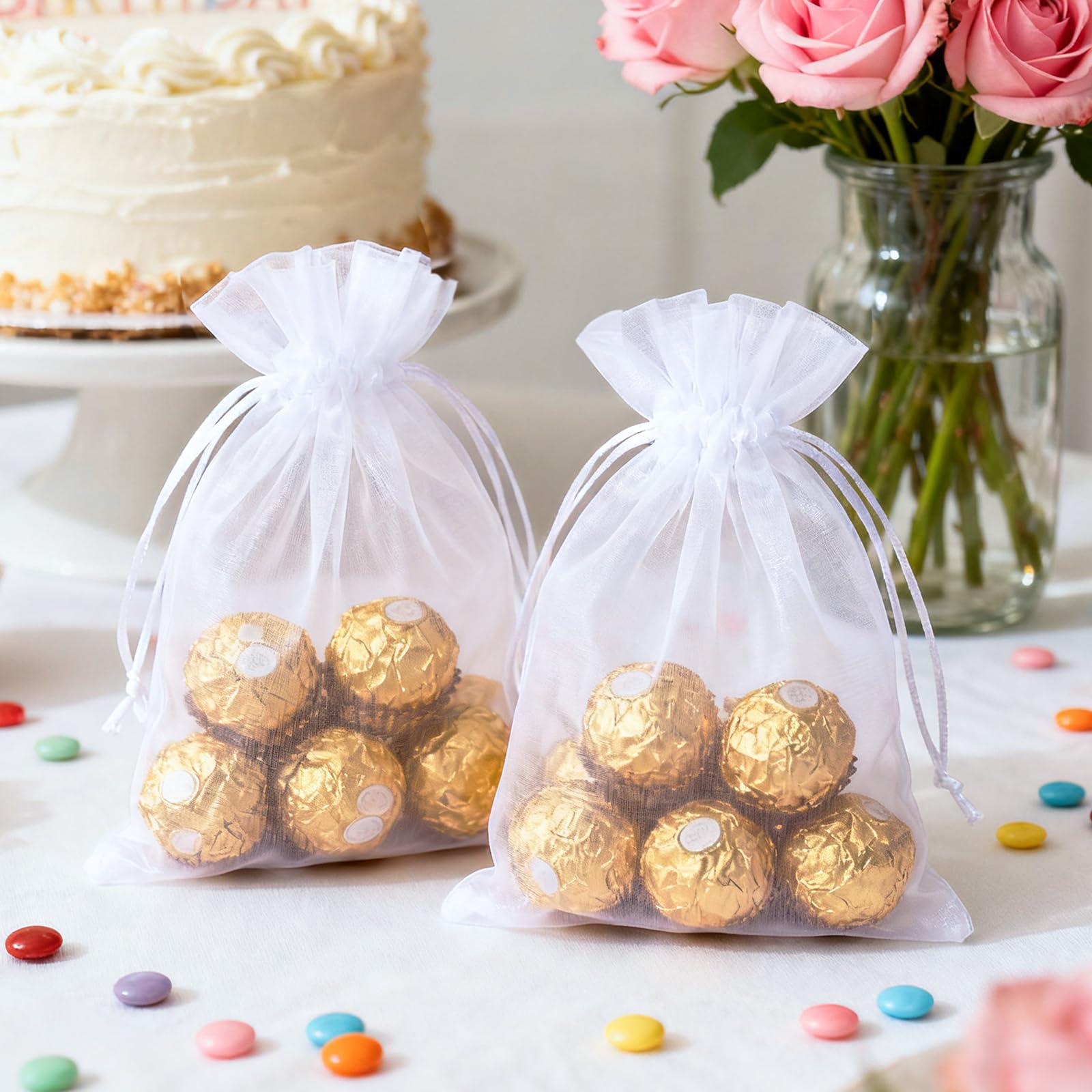 50 Stück weiße Organza-Geschenktüten, 10.2x15.2 cm, atmungsaktive Aufbewahrungstasche mit Kordelzug, durchsichtige Netzbeutel für Hochzeiten, Schmuck, Festivals, Make-up, Süßigkeiten, Desserts