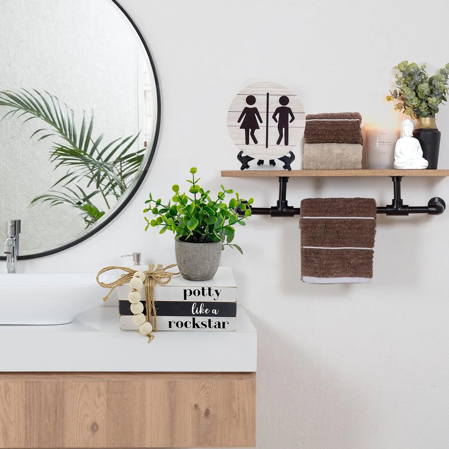 Bathroom Shelf Decor Signs, Modern Farmhouse Bathroom Decor Signs, Funny Wooden Rustic Decor for Restroom Shelf Guest Bath Thanksgiving Christmas Gift (Potty Like a Rock star)
