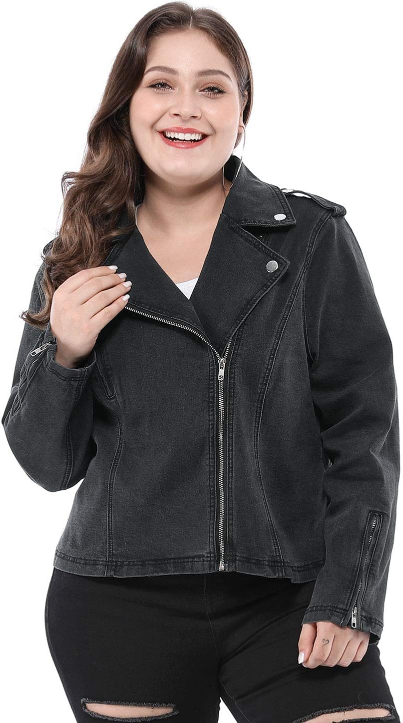 Agnes Orinda Women's Plus Size Denim Jackets Collar Inclined Zip Closure Biker Moto Jacket 2024