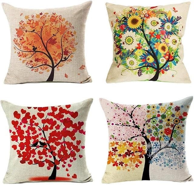 Freeas Cushion Cover, Set of 4 Four Season Tree Pillowcase Square House Sofa Pillow Cover 45 x 45 cm