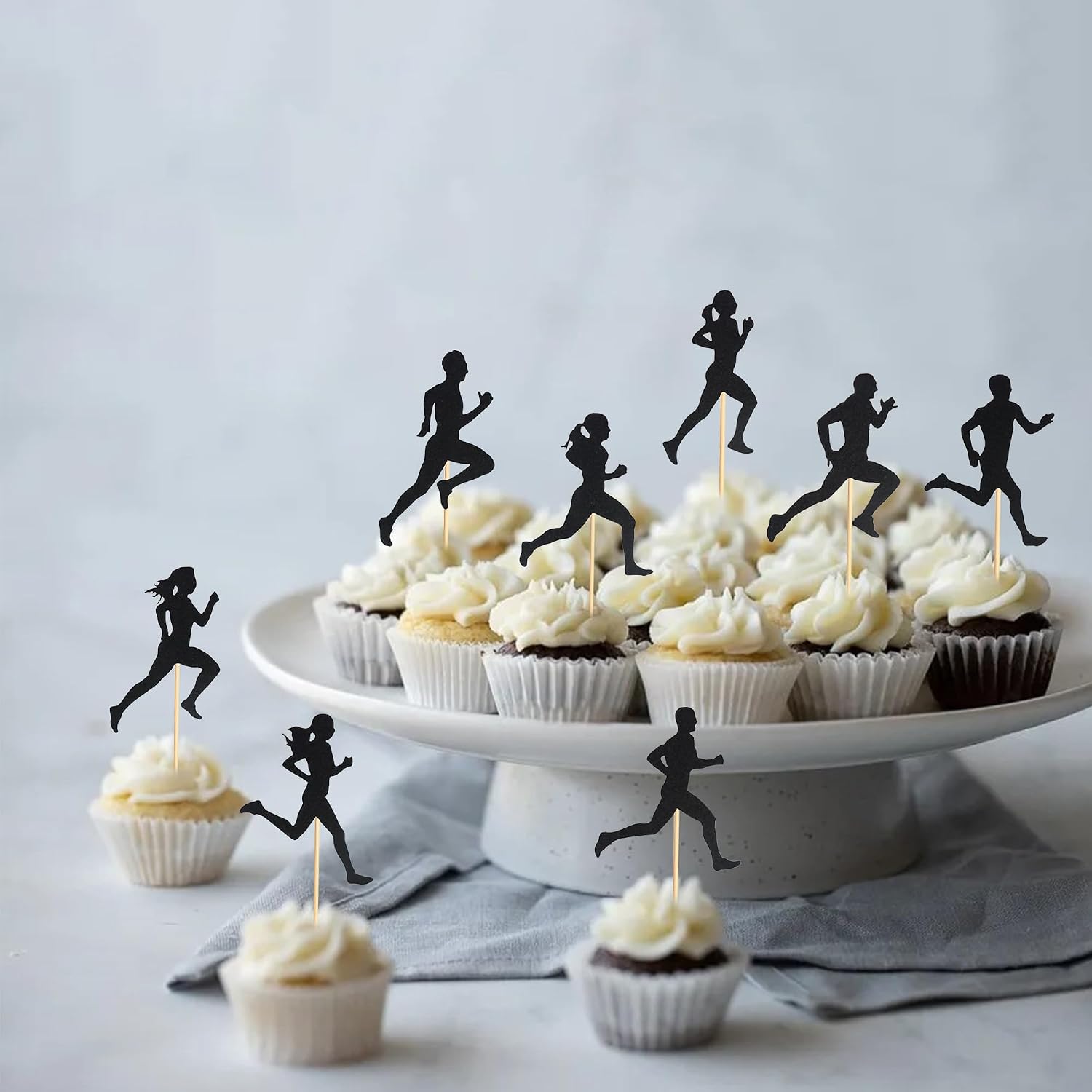 24Pcs Running Cupcake Toppers Sports Fitness Cupcake Picks for Running Theme Boys Girls Birthday Party Cake Decorations Supplies - Black Glitter