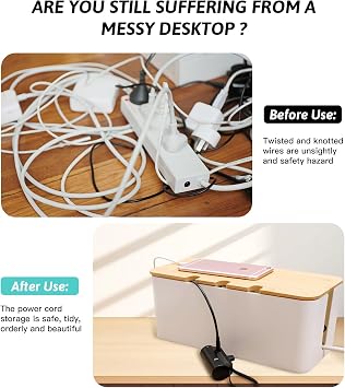 Pack of 3 cable boxes cable management box storage box for cables with bamboo lid storage box made of wire for hiding cables organise computer cabling