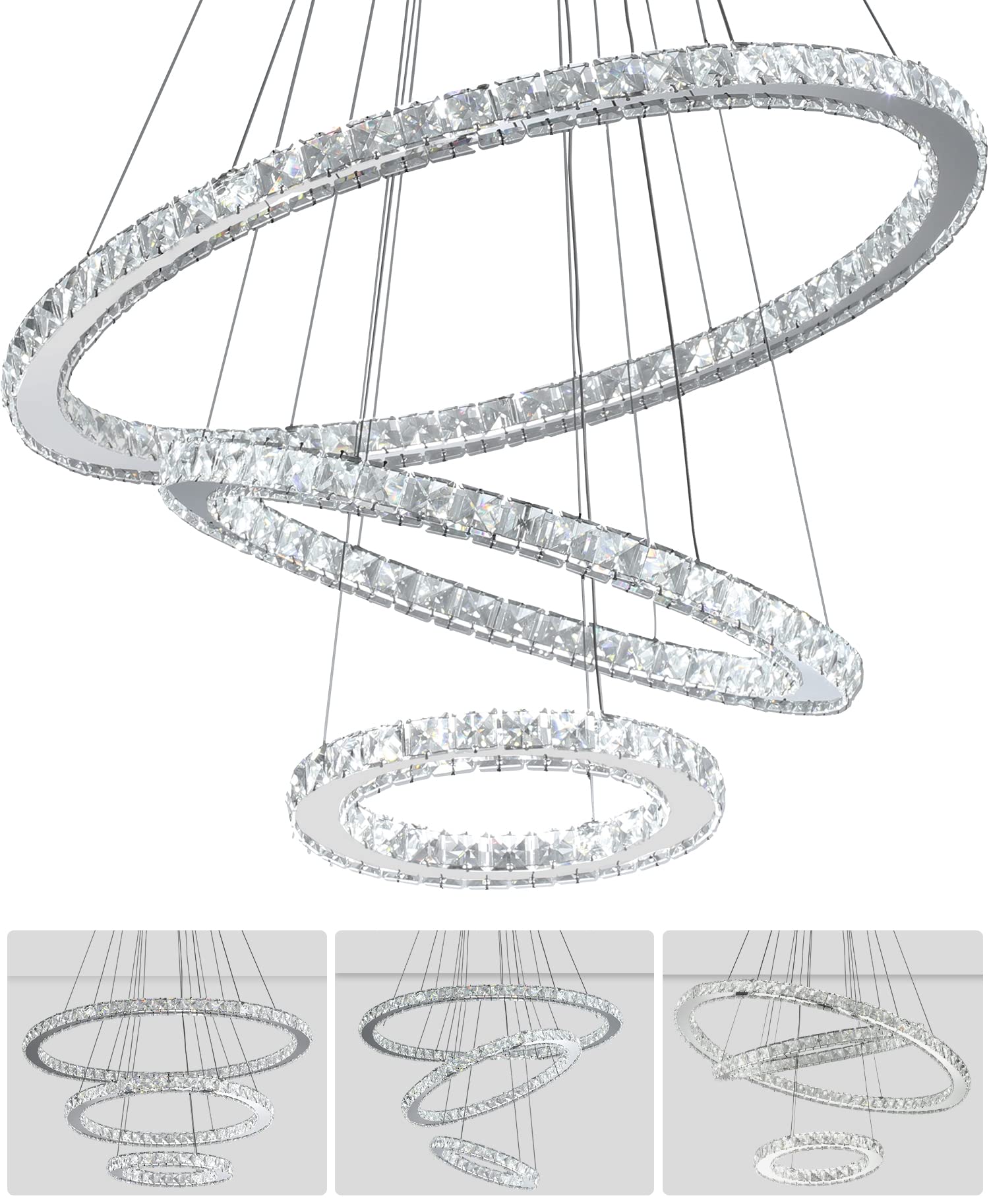 Led Crystal Chandelier, DIY Chandeliers Lighting Oval 3 Rings Hanging Adjustable, Cool White Color Pendant lamp, Stainless Steel Ceiling Light Fixture for Living Dining Bedroom Ring: 27.5/19.7/11.8"