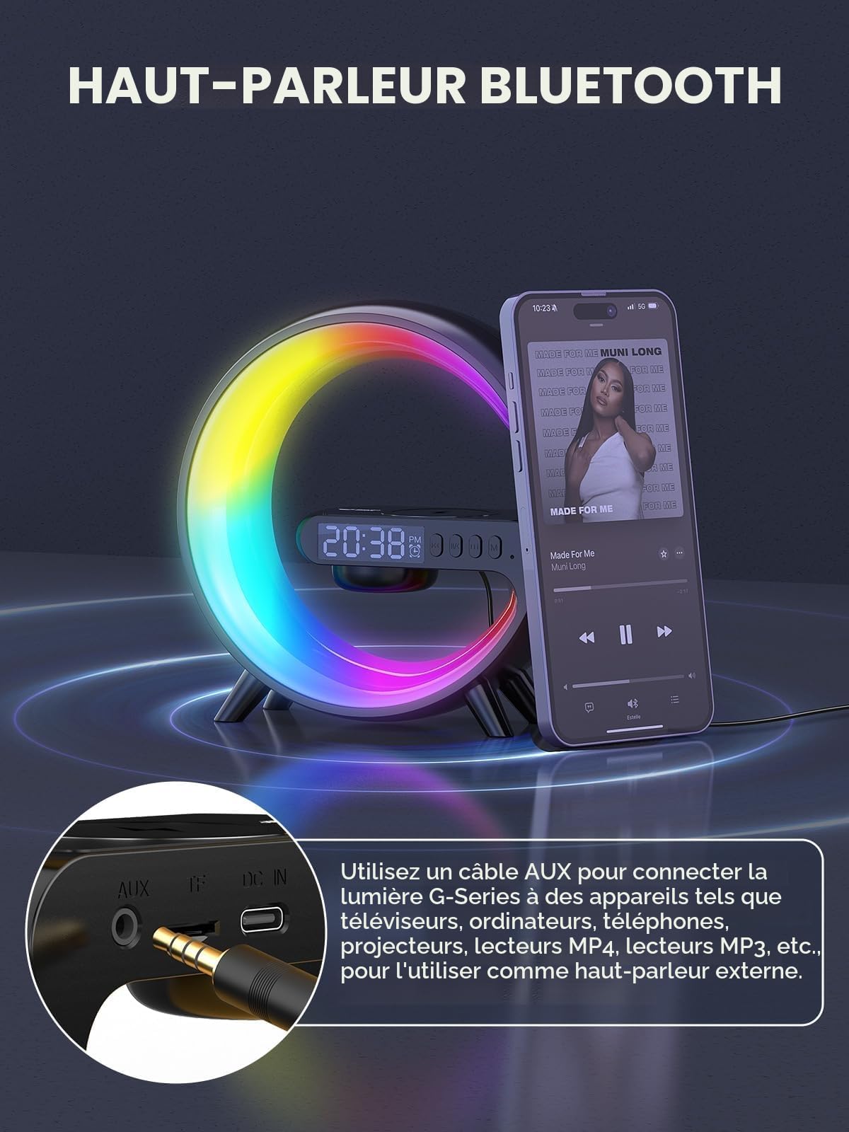Smiling Shark Lampe de Réveil Intelligente avec Charge Sans Fil, Haut-Parleur Bluetooth, 10 Modes Lumière