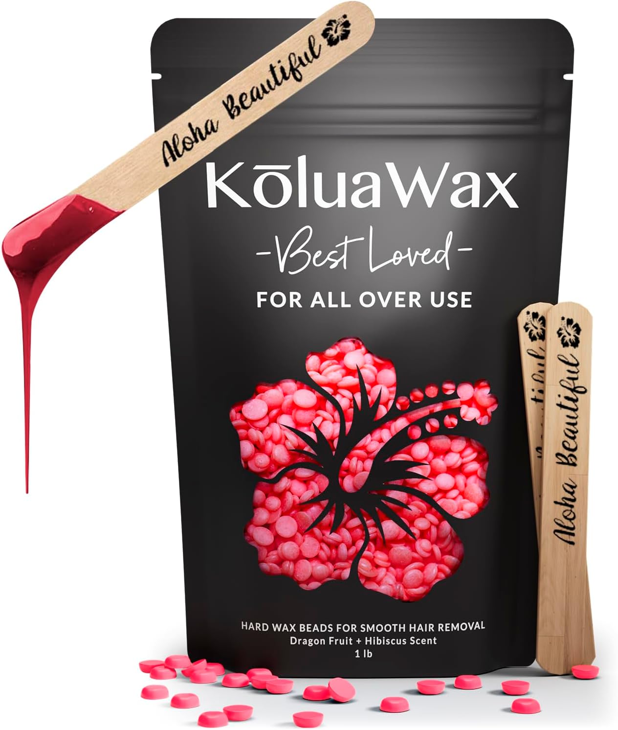 Hard Wax Beads for Hair Removal – Coarse Hair Formula – Face, Brazilian, Underarm, Back Chest, Bikini Waxing – Dragon Fruit & Hibiscus, 1lb Refill for Wax Warmers & 10 Applicator Sticks