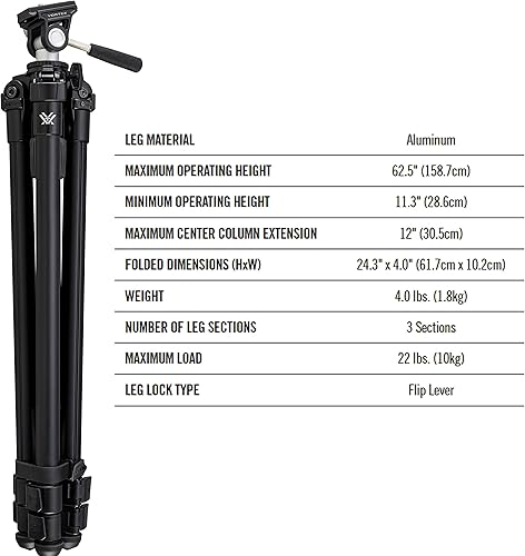 Miniatura 3 de Vortex Optics High Country II - Kit de trípode de aluminio, cabeza panorámica de 2 vías, carga máxima de 22 libras, pies de goma, garantía ilimitada