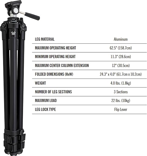 Vortex Optics High Country II Tripod Kit - Aluminum Tripod, 2-Way Pan Head, 22 lb Max Load, Rubber Feet - Unlimited, Unconditional