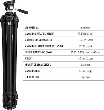 Vortex Optics High Country II Tripod Kit - Aluminum Tripod, 2-Way Pan Head, 22 lb Max Load, Rubber Feet - Unlimited, Unconditional