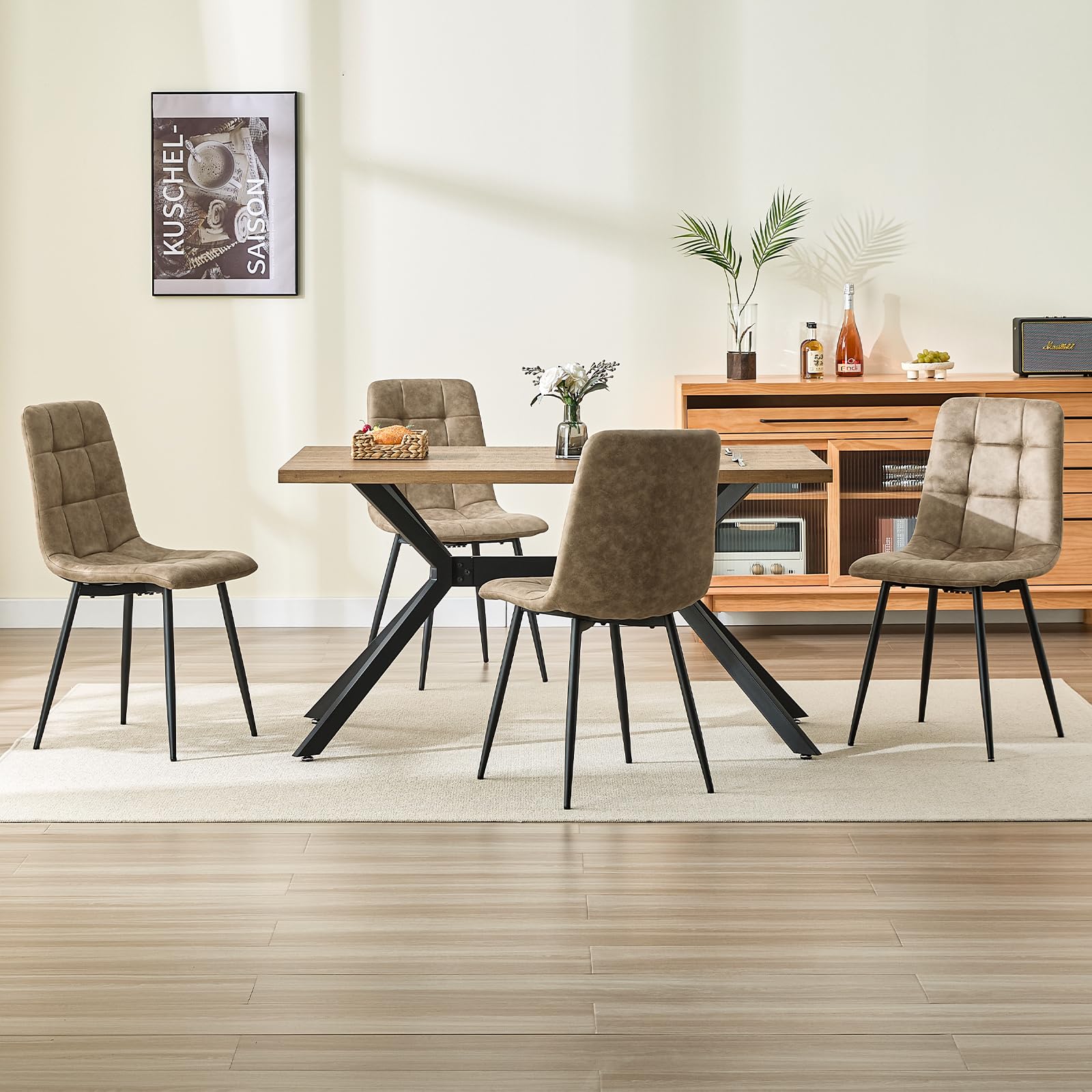 Pack De 4 Sillas De Comedor,Tejido Técnico Sillas Cocina,con Base MetáLica Silla Acolchada,Sillas Salon,Adecuado para Comedores, Salones, Cocinas, Dormitorios,Marrón Amarillento