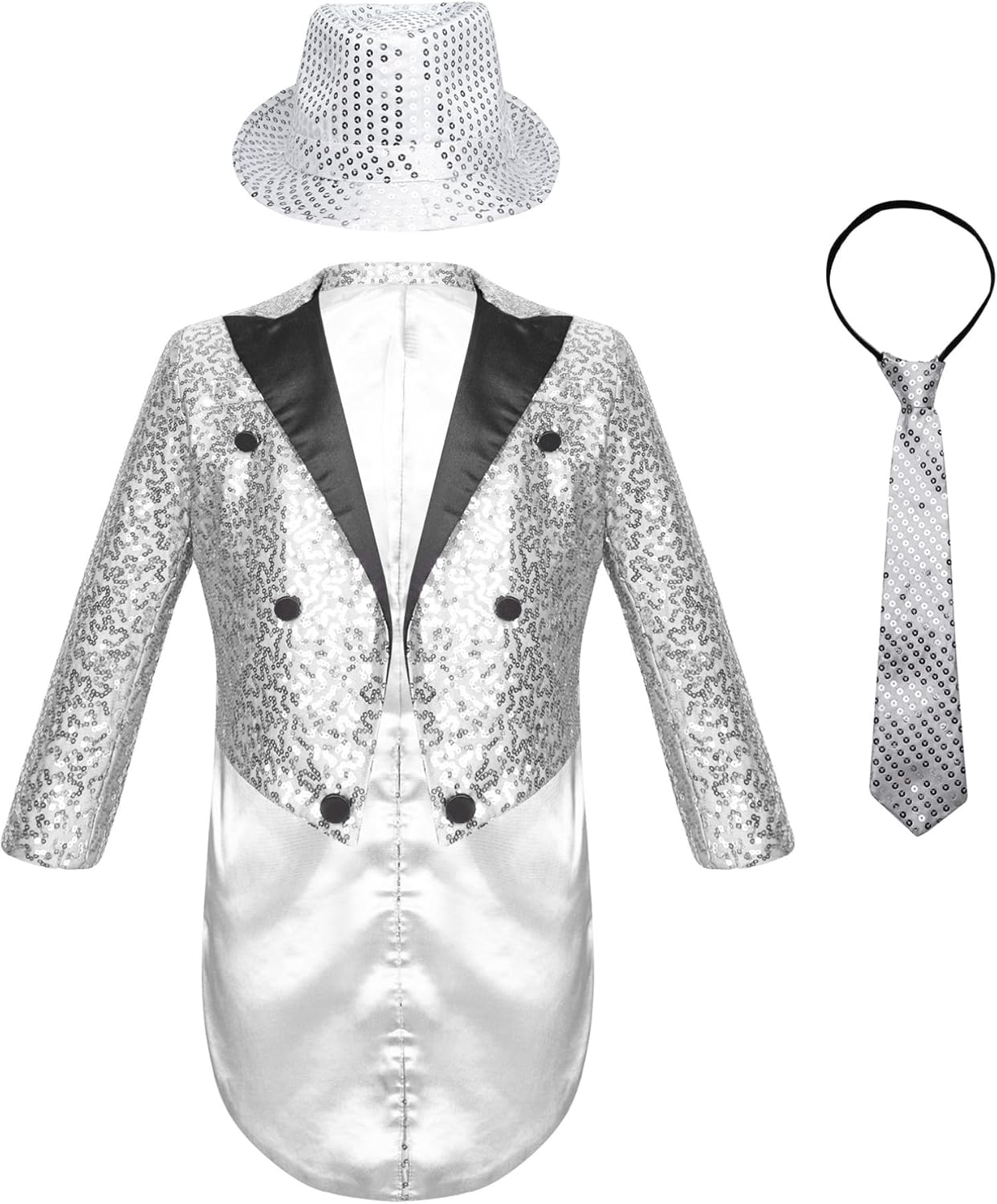 YiZYiF Kids Boy's Tuxedo Jacket Sequin Blazer Tailcoat Swallowtail with Necktie and Hat for Prom Wedding Christmas Party