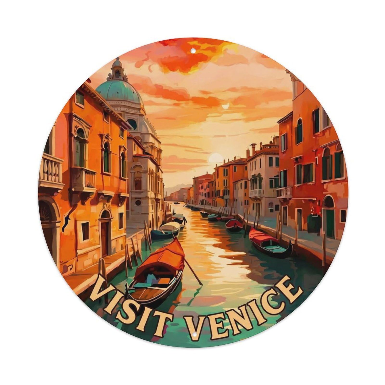 European Venice Waterway Travel Gondola Lagoon Scenic Heritage Metal Tin Sign Plaque Wall Decor for Cafe, Man Cave, Club Bar, Office, Home Garden Round Metal Poster 8x8Inch