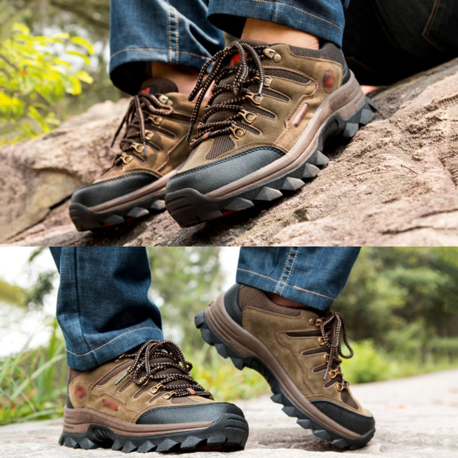 Męskie wodoodporne buty trekkingowe niskie skórzane outdoorowe | Lekkie obuwie trekkingowe, Wytrzymały zamsz, Sznurowane, oddychające, Na kemping, podróże i biegi terenowe