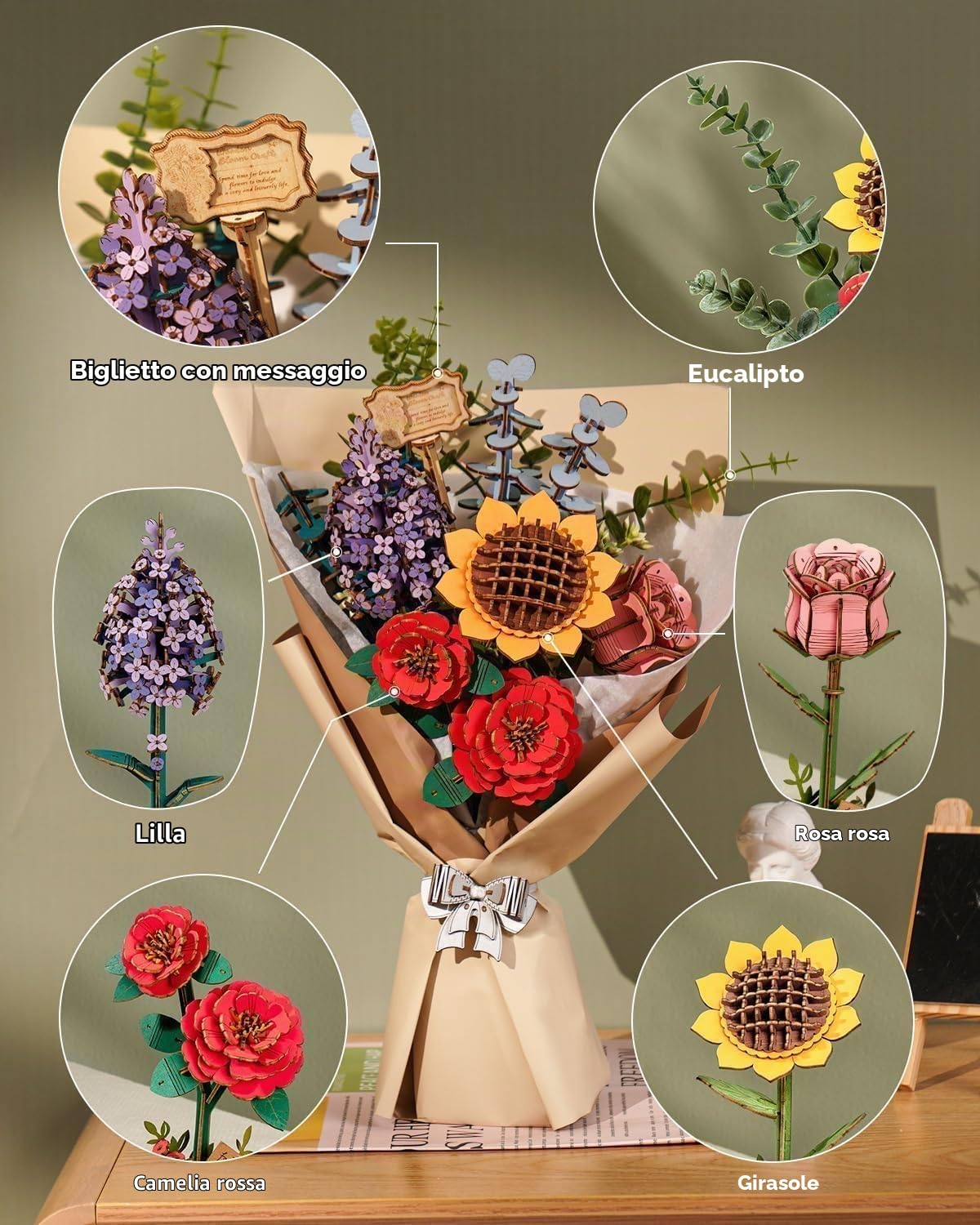 ROBOTIME Fiori Secchi Decorativi, Puzzle 3D in Legno, Modellismo da Costruire Adulti, Regali Compleanno Donna San Valentino, Decorazione per la Casa, Bouquet di Fiori, TW01H