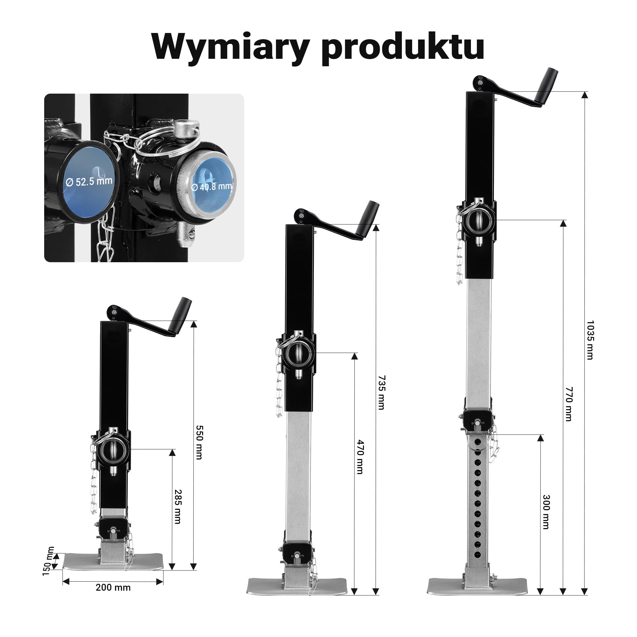 Wiltec Podpora o nośności do 900 kg z korbą górną do regulacji wysokości i uchwytem na rurę, postojowa do przyczepy kempingowej
