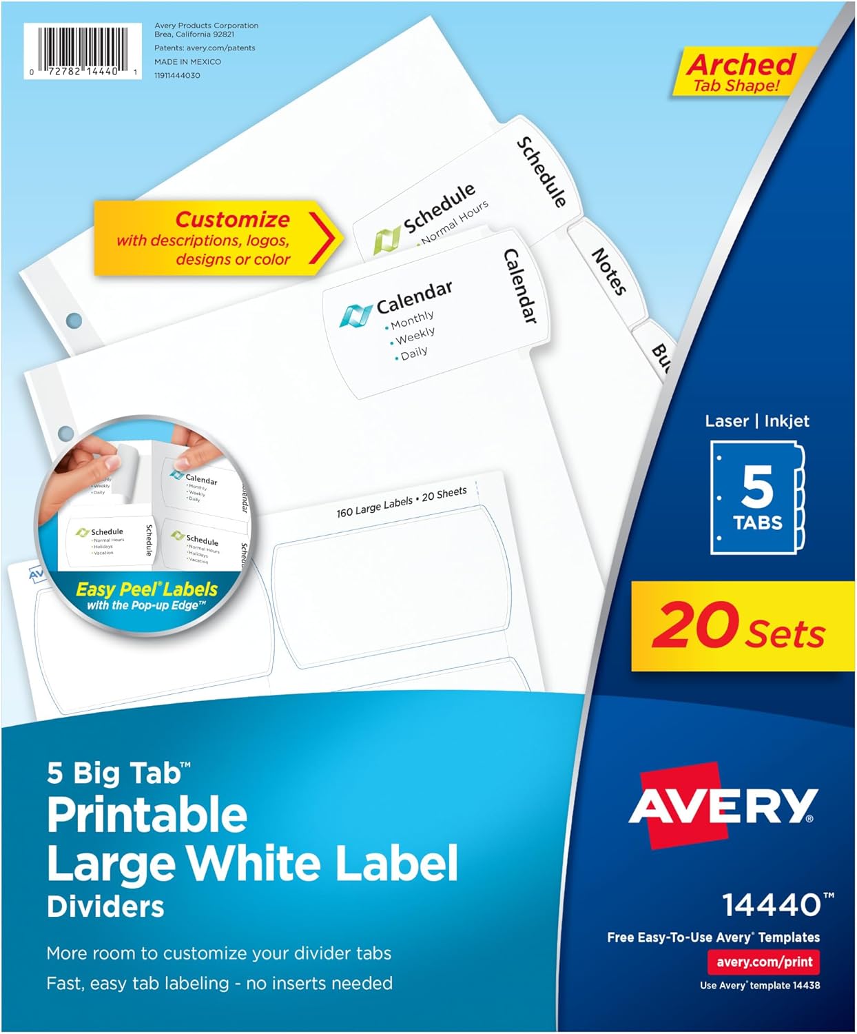 Avery Big Tab Printable Large White Label Dividers, 5-Tab with Easy Peel Labels, Dividers for 3 Ring Binders,(14440) (Pack of 120)