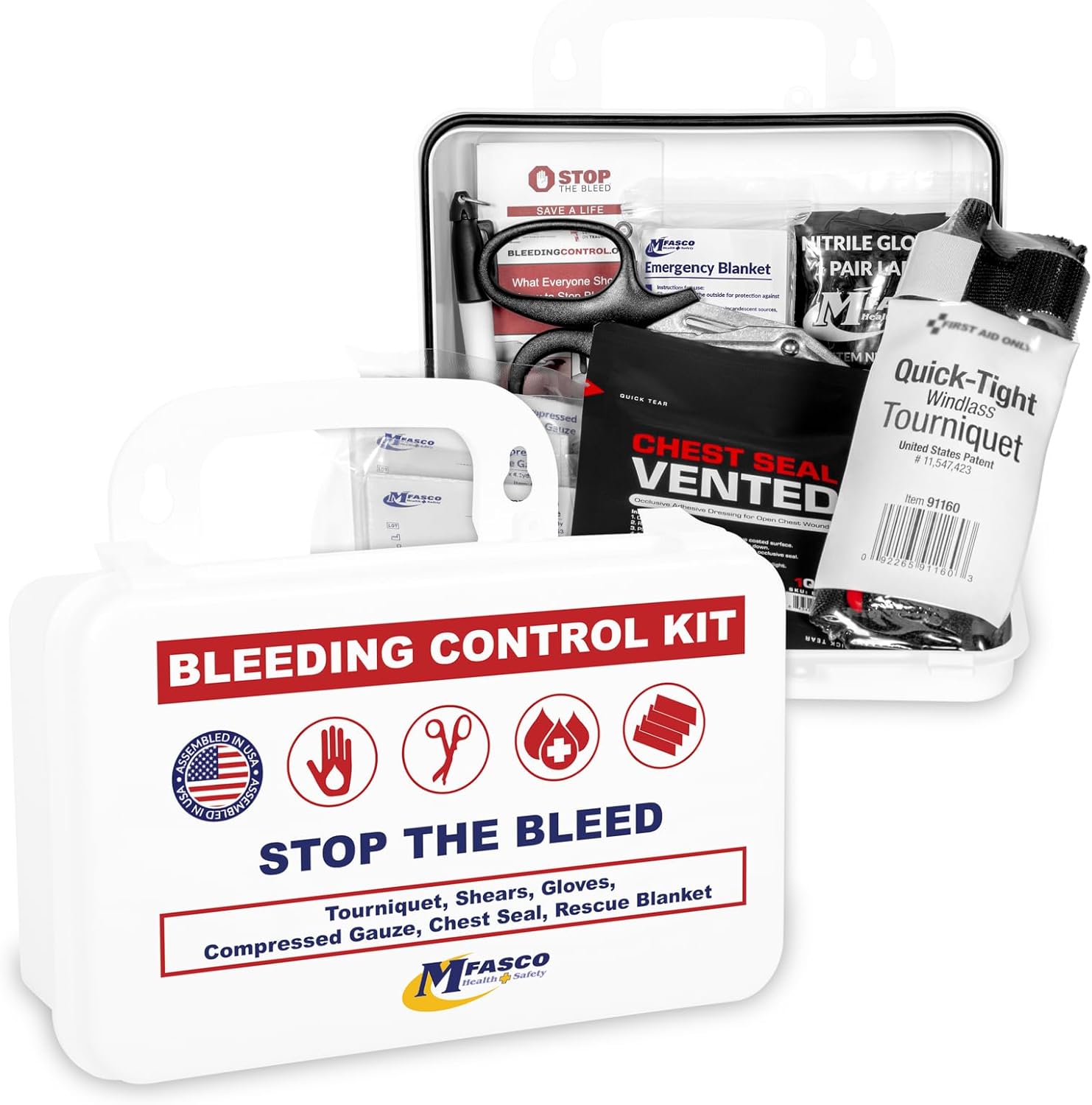 MFASCO 10-Piece Stop The Bleed - Bleeding Control Kit, Tourniquet, Compressed Gauze, Chest Seal, Portable, Easy-to-Open Packaging, Packed in A Plastic Kit That Can Be Mounted or Carried
