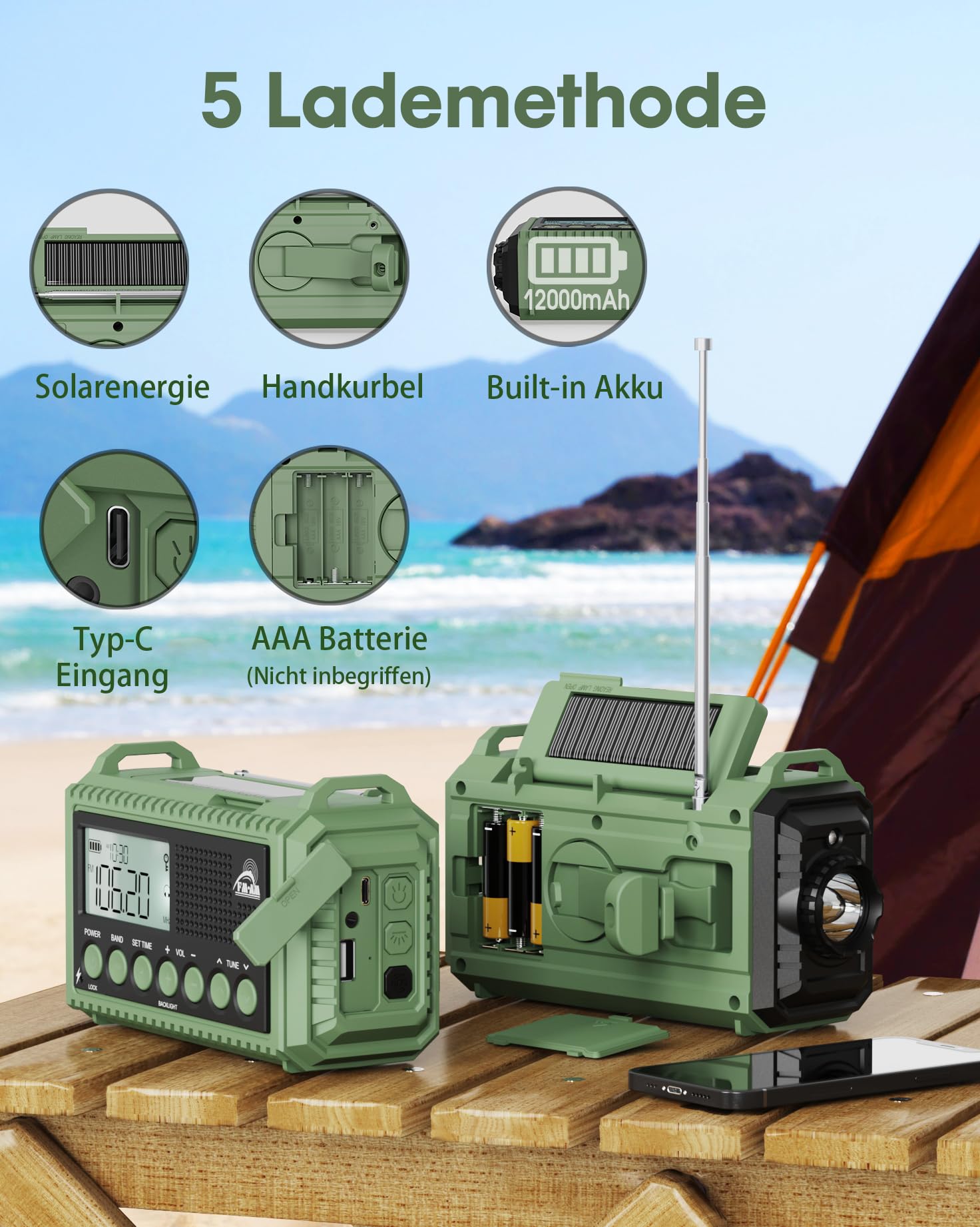 12000 mAh Kurbelradio, Solar & Kurbel Notfallradio, Tragbares Retro Radio mit Weltempfänger, AM/FM/SW Radio, Als Taschenlampe & Leselicht, USB Handy-Lader, SOS Alarm, Für Camping, Notfall, Blackout