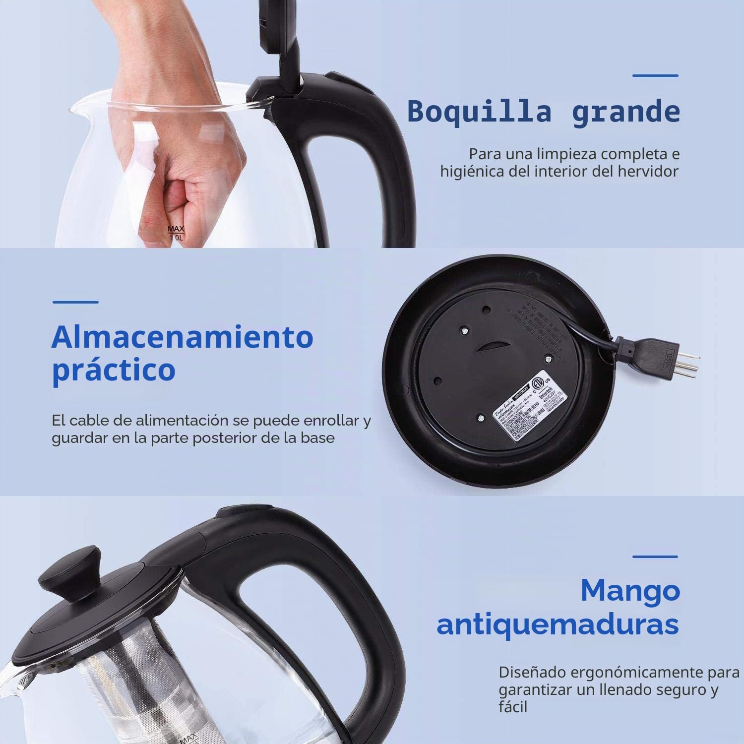 Taylor Swoden Abel - Hervidor de cristal de 1 litro, 2200W, Hervidor de agua eléctrico con iluminación LED libre de BPA, función mantener caliente, con infusor y filtro extraíble, 2 piezas