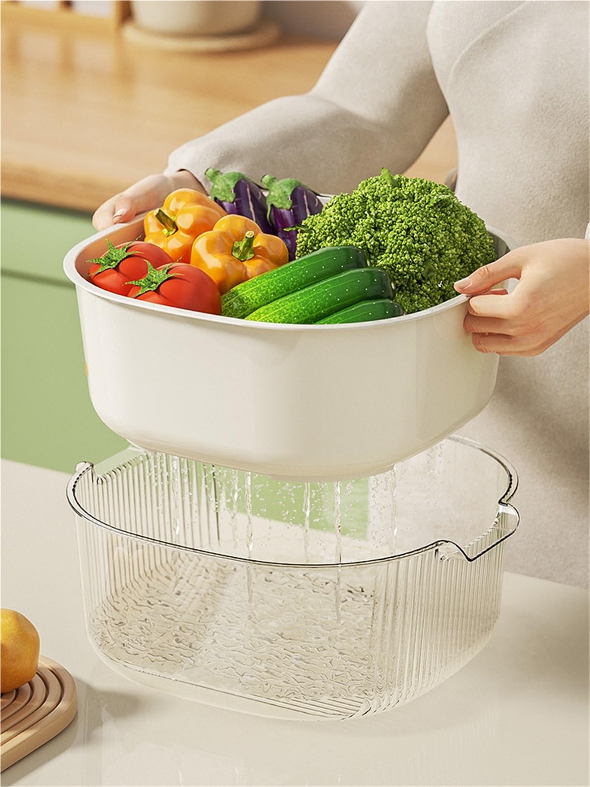 Cesta de drenaje frutas multifuncional, utensilio cocina, 2 uds Para Cocina | Deshidratador de verduras de doble capa, cesta de drenaje de frutas de gran capacidad(Green)