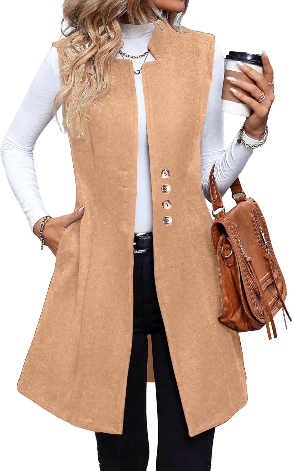 IDEALSANXUN Womens Long Wool Vest Fall Winter Sleeveless Trench Coat Jackets
