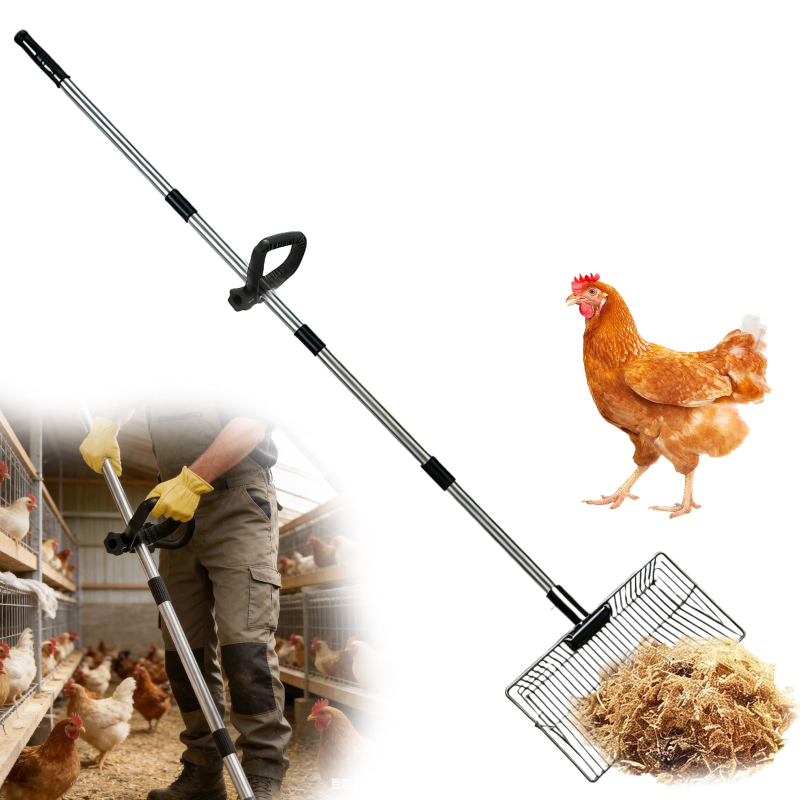 Hühnerkotschaufel, Chicken Poop Scooper 38x22.5cm Mit 150cm Griff, 4 In 1 Einstellbare Reinigung Siebschaufel, Groß Hühnerstall Zubehör Für Hühnerstall, Garten, Hundehütte, Kaninchenstall, Robuste