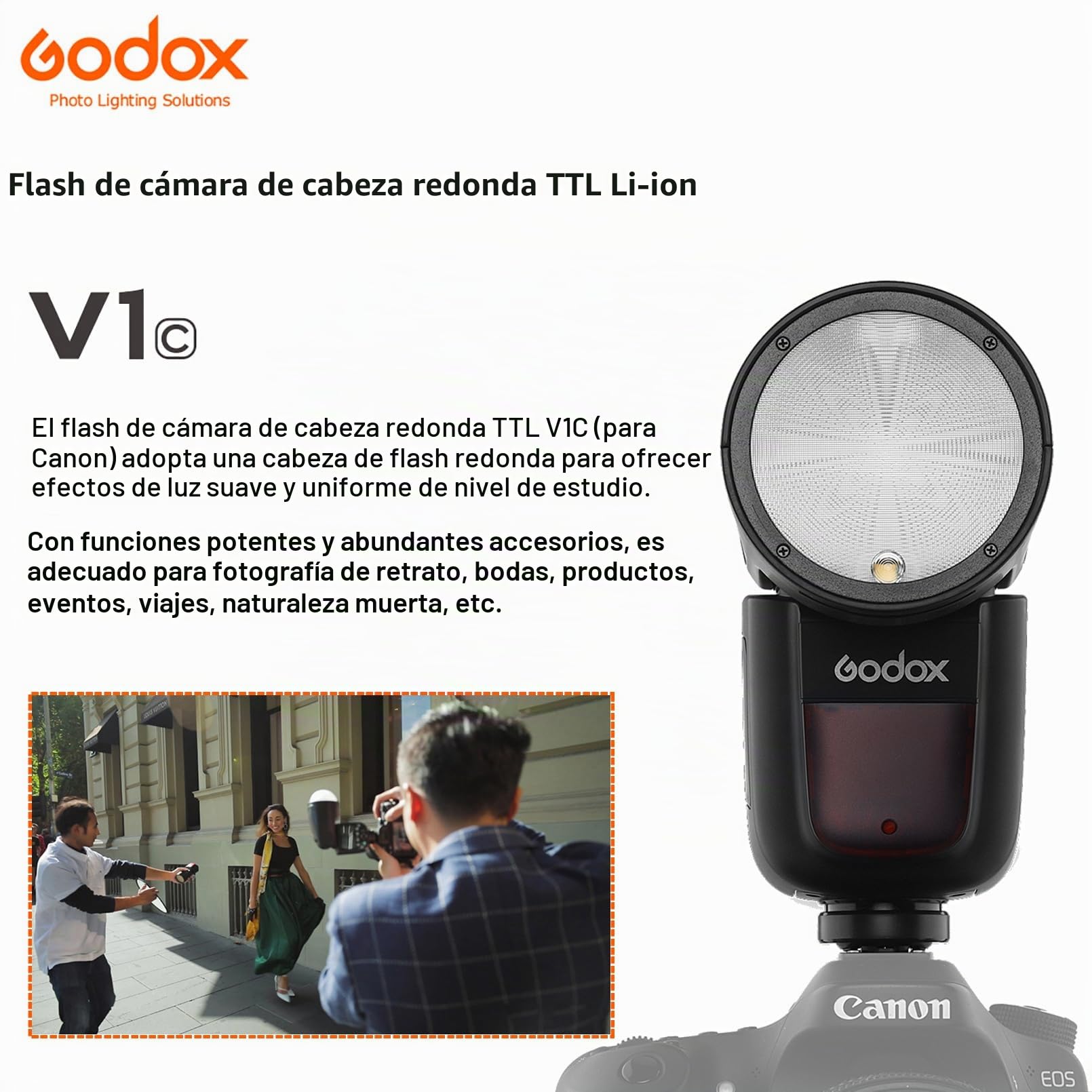 Godox V1-C Redonda Cabeza Cámara Flash para Canon, 7.2V 2600mAh Lithimu Batería 2.4G X Inalámbrica HSS 76Ws para Canon 6D 7D 50D 60D 1DX 580EX II 5D Mark Cámara