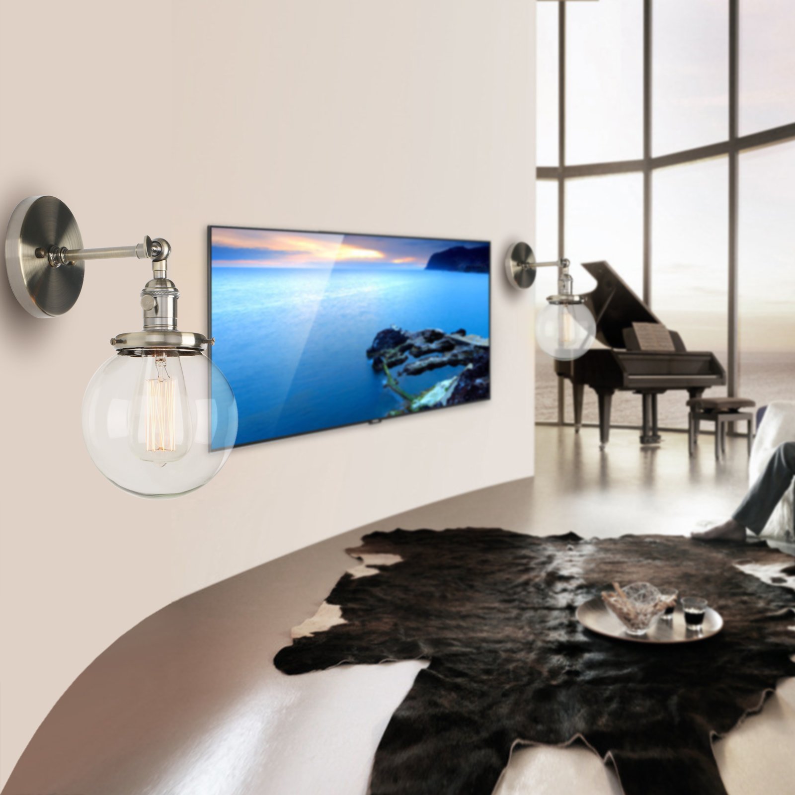 Phansthy Modern Wandlampe Vintage Glas Kugel Wandleuchte Retro Design Innen Wandbeleuchtung für Loft Schlafzimmer Wohnzimmer （Gebürsteter Edelstahl Farbe）