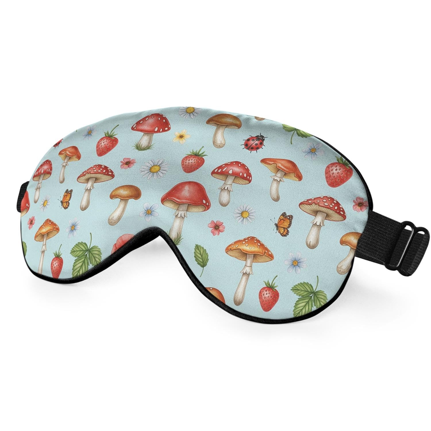 Antifaz de seda con diseño de hongos, para dormir, flores de verano, fresa, mariposa, bayas, máscara de ojos con correa ajustable, ligera para mujeres, trabajo, viajes, noche de sueño