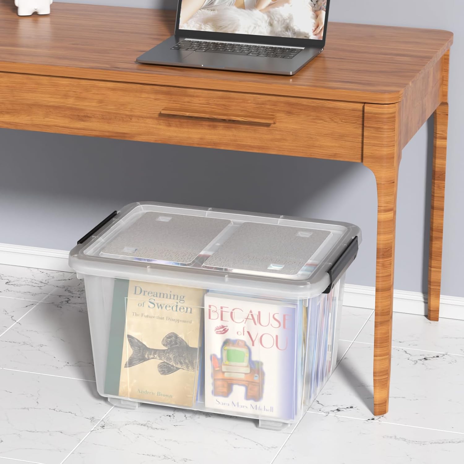 Sadstory 30 Quart Clear Latching Tote Bin with Lid, Plastic Storage Box with Wheels, 4 Packs